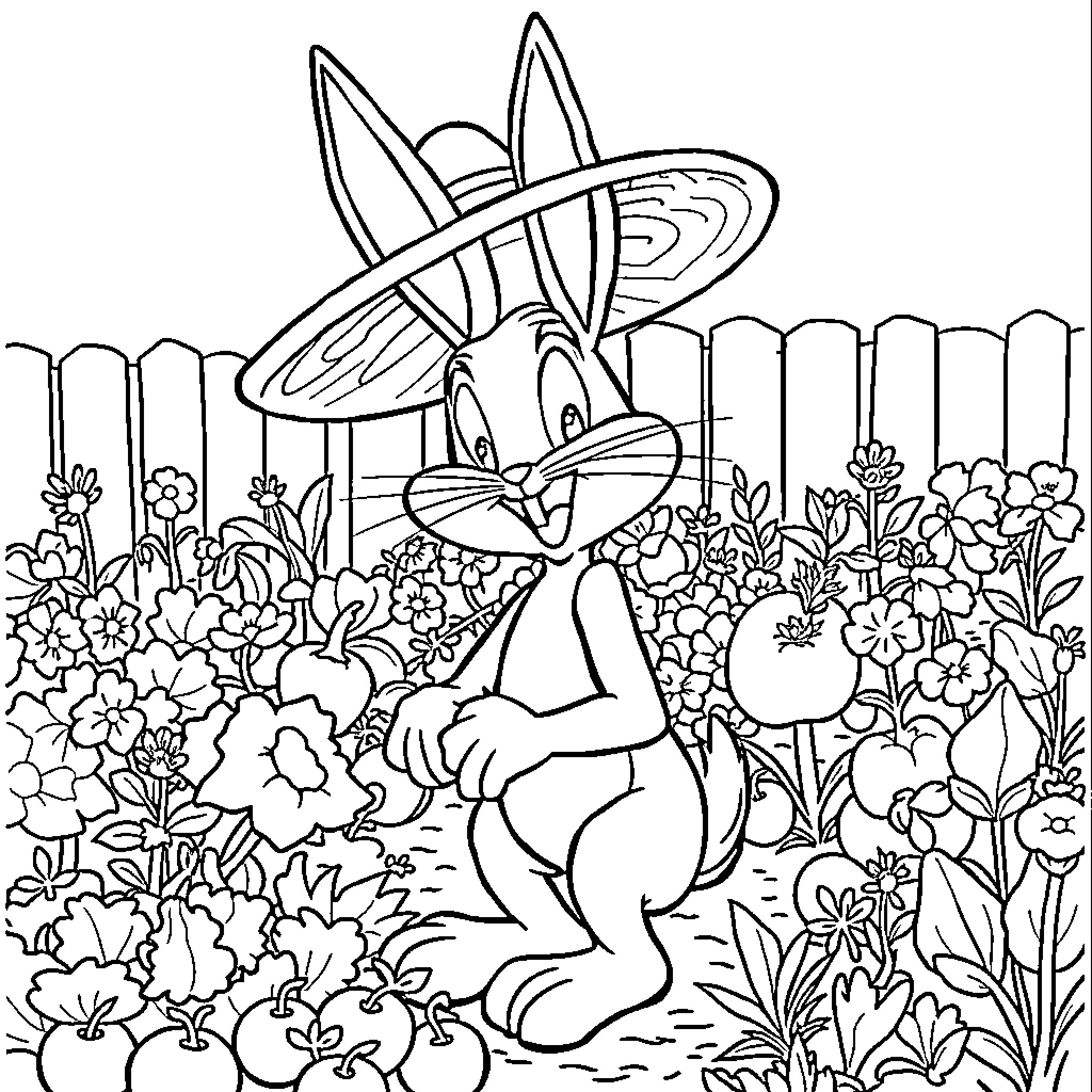 Bugs Bunny in a Floral Garden Coloring Page (free black-and-white line drawing printable PDF for all, from beginners to advanced learners, including children, teens, adults, and seniors)