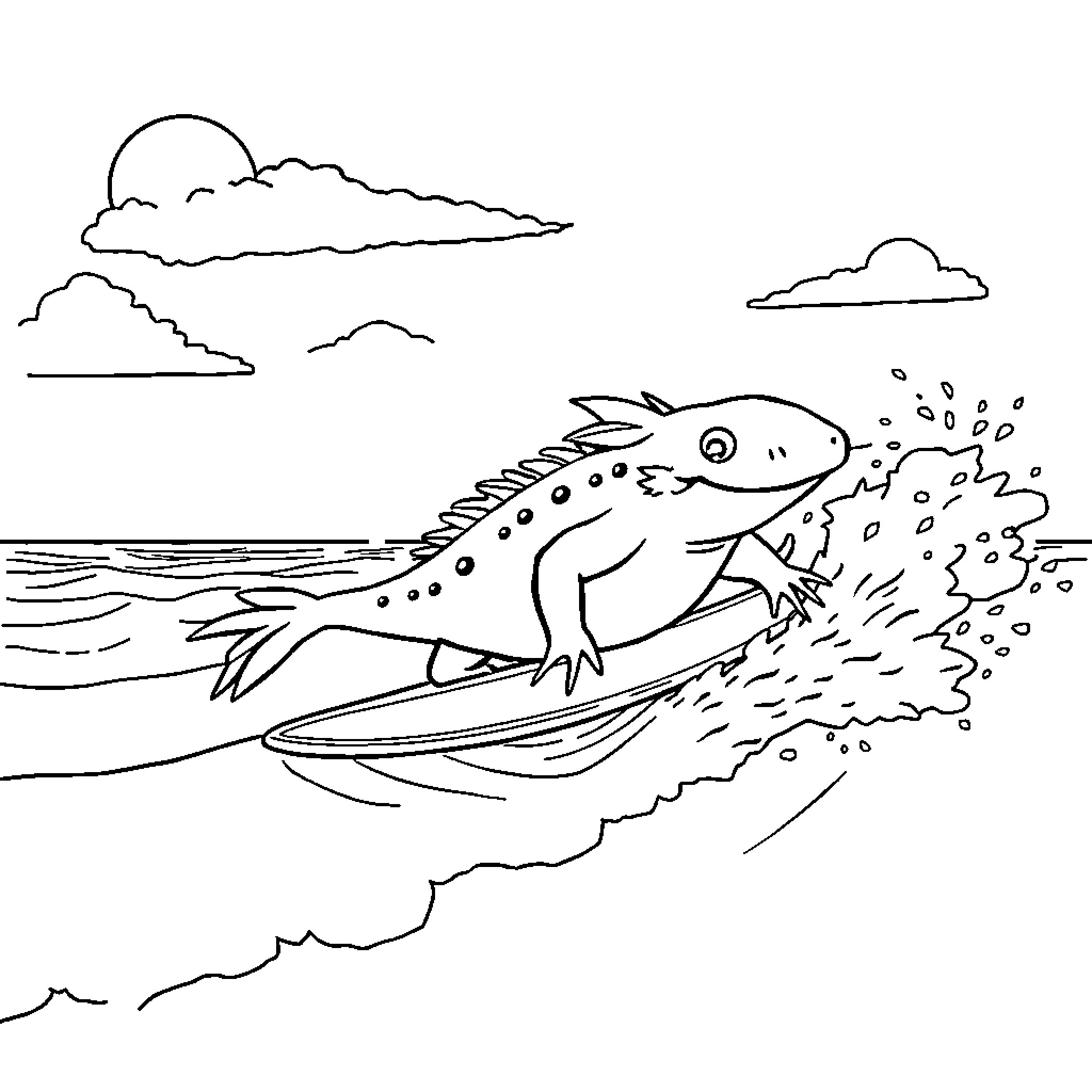 Axolotl swimming joyfully in the water Coloring Page (free black-and-white line drawing printable PDF for all, from beginners to advanced learners, including children, teens, adults, and seniors)