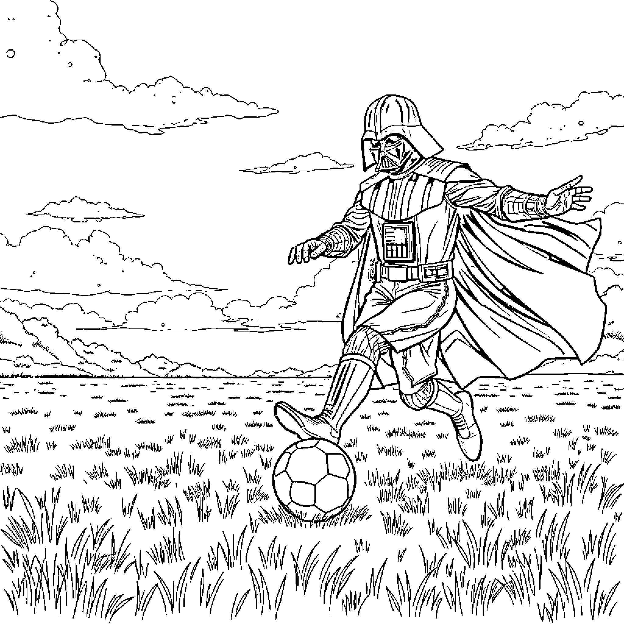 Darth Vader playing with a soccer ball in the field Coloring Page (free black-and-white line drawing printable PDF for all, from beginners to advanced learners, including children, teens, adults, and seniors)