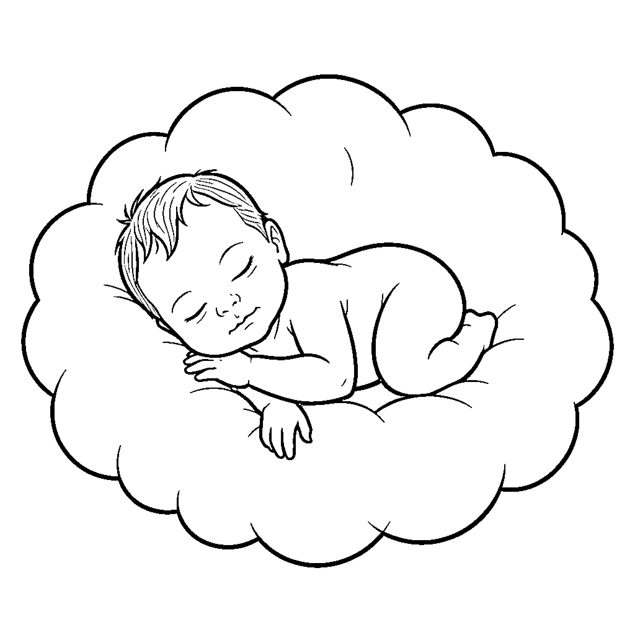 Newborn baby sleeping peacefully in cloud Coloring Page (free black-and-white line drawing printable PDF for all, from beginners to advanced learners, including children, teens, adults, and seniors)