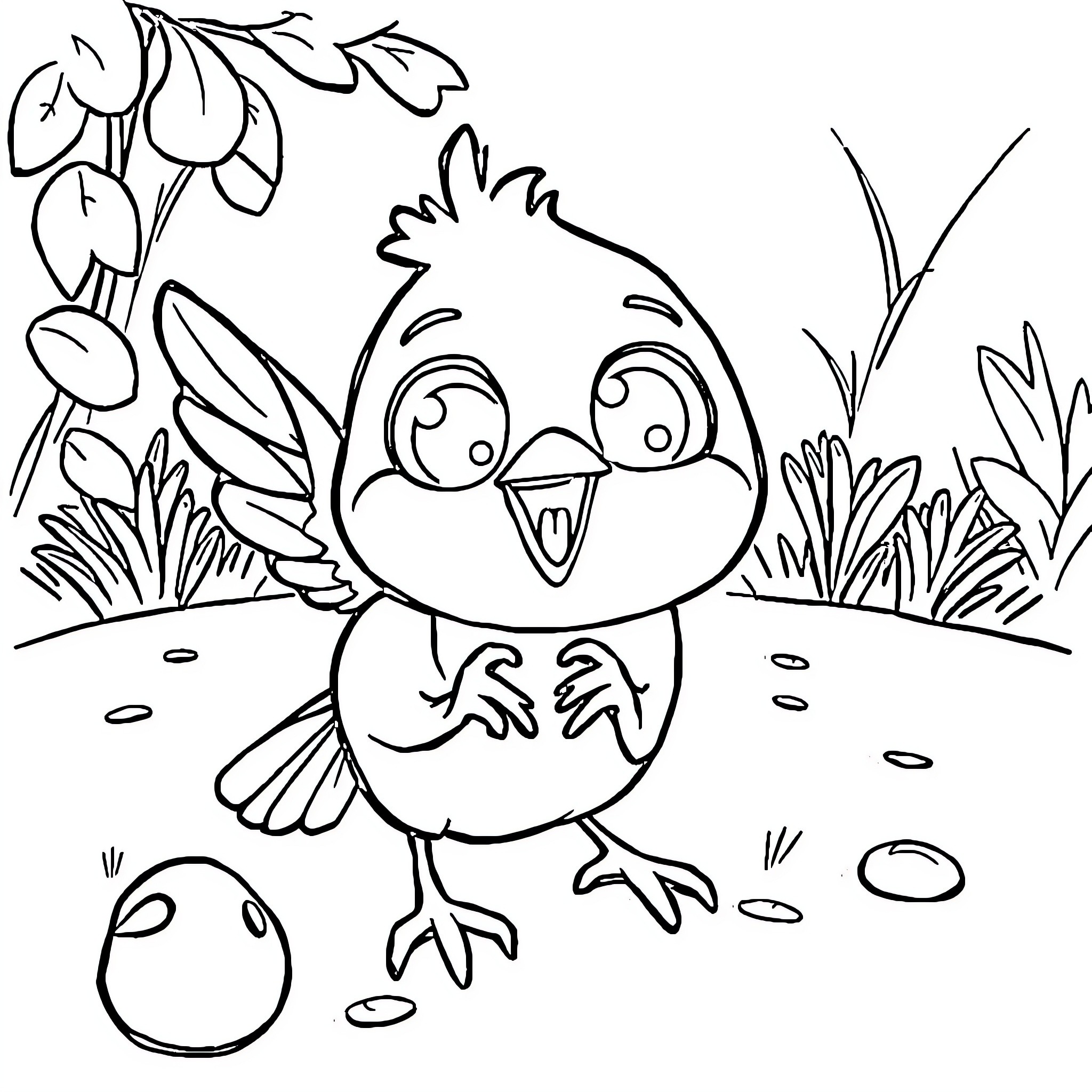 Cachirula's Cheerful Chick in Charming Countryside Coloring Page (free black-and-white line drawing printable PDF for all, from beginners to advanced learners, including children, teens, adults, and seniors)