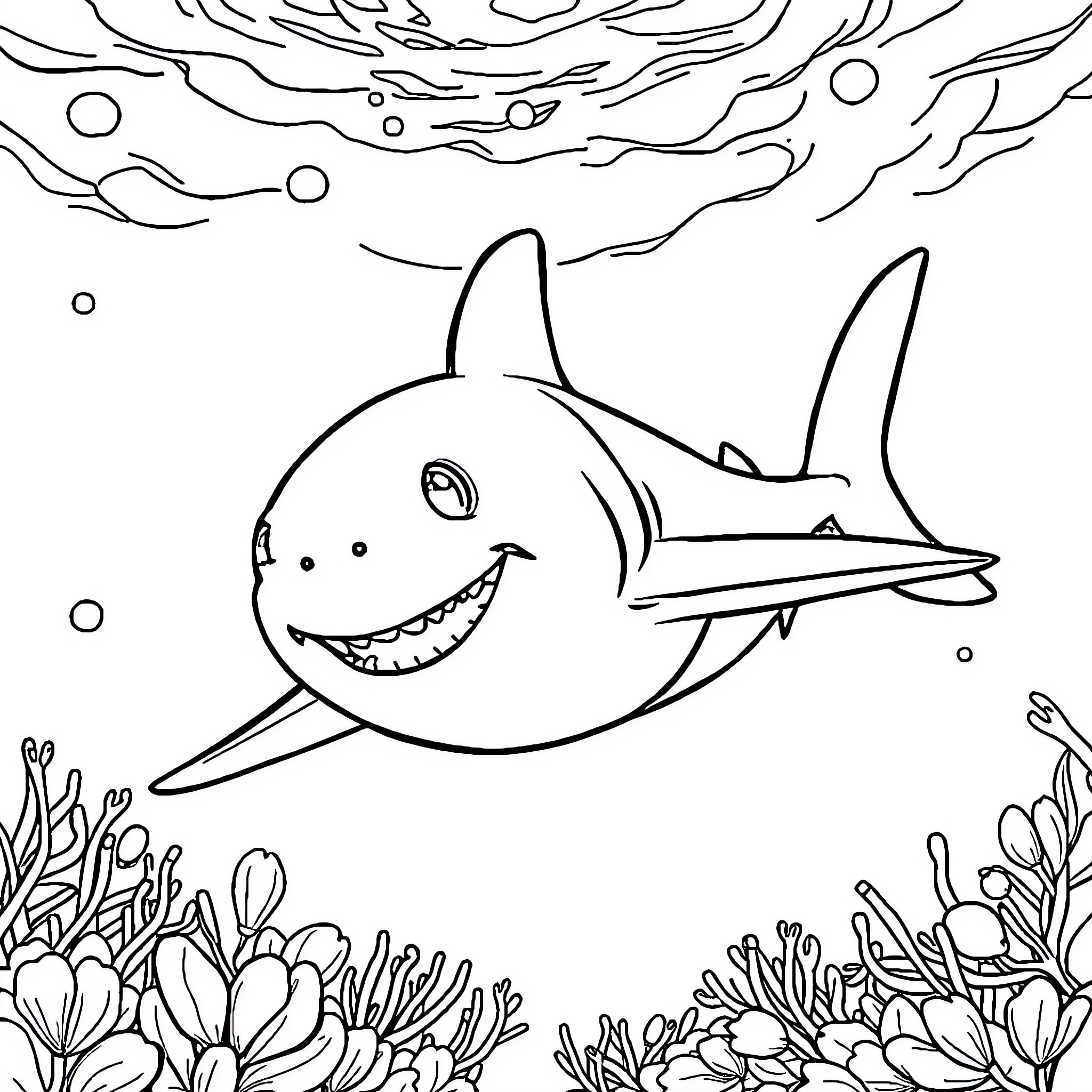 Shark swimming happily in the underwater scene Coloring Page (free black-and-white line drawing printable PDF for all, from beginners to advanced learners, including children, teens, adults, and seniors)