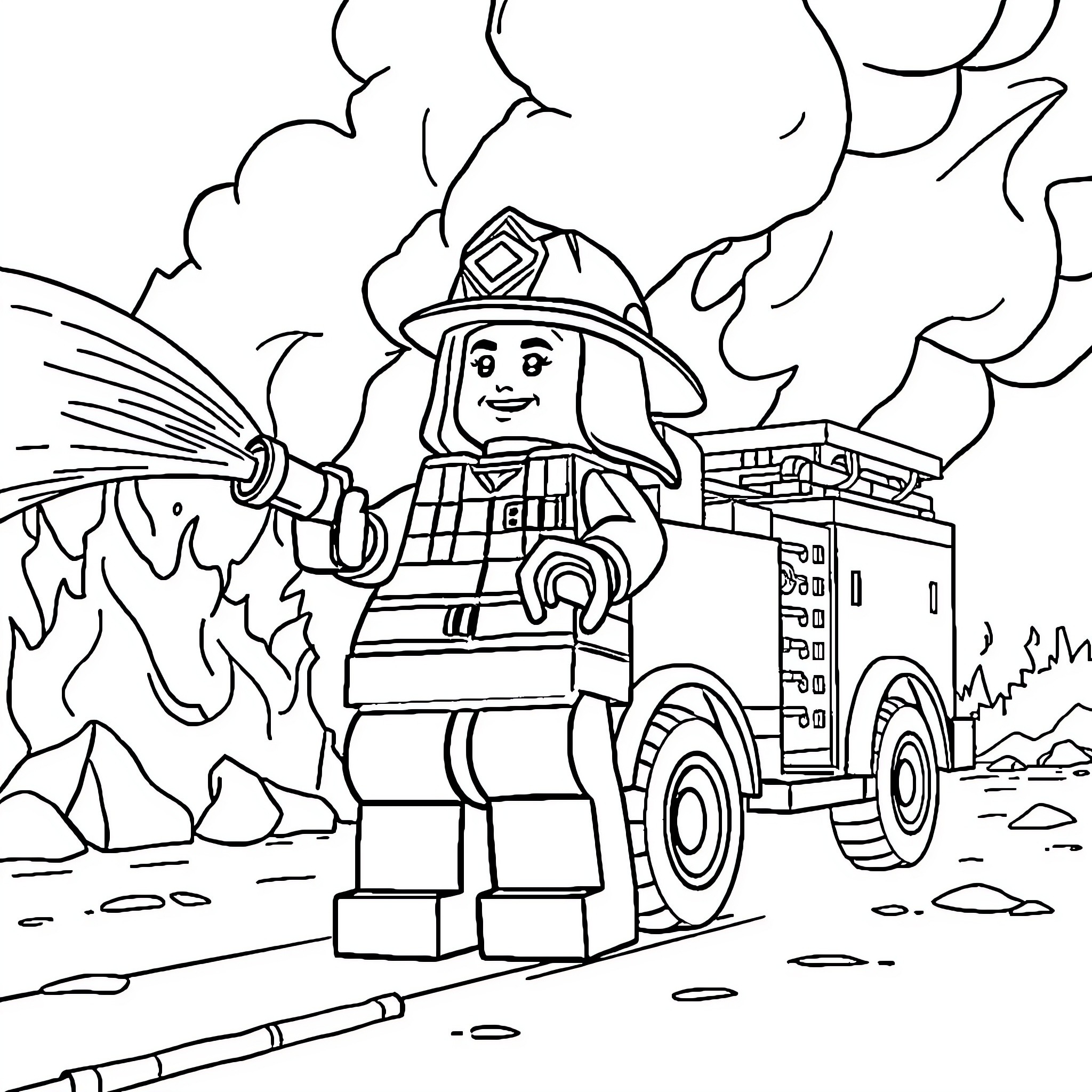 Lego Minifig firefighter putting out fire with truck Coloring Page (free black-and-white line drawing printable PDF for all, from beginners to advanced learners, including children, teens, adults, and seniors)
