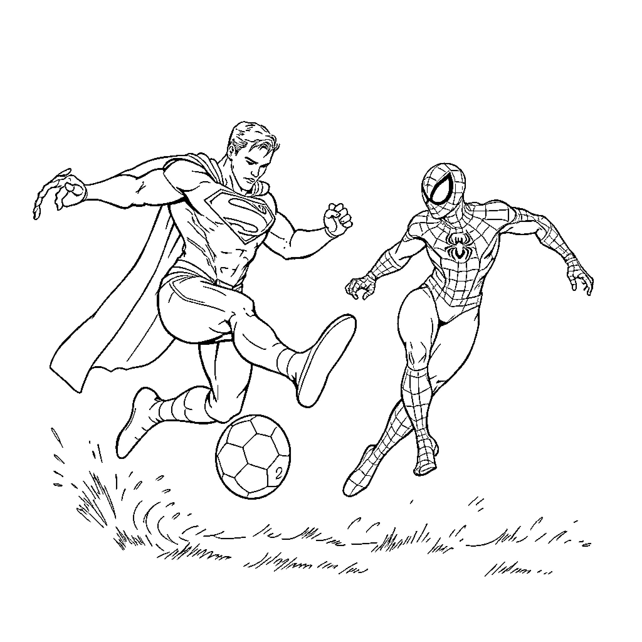 Superman and Spider-Man playing soccer on field Coloring Page (free black-and-white line drawing printable PDF for all, from beginners to advanced learners, including children, teens, adults, and seniors)