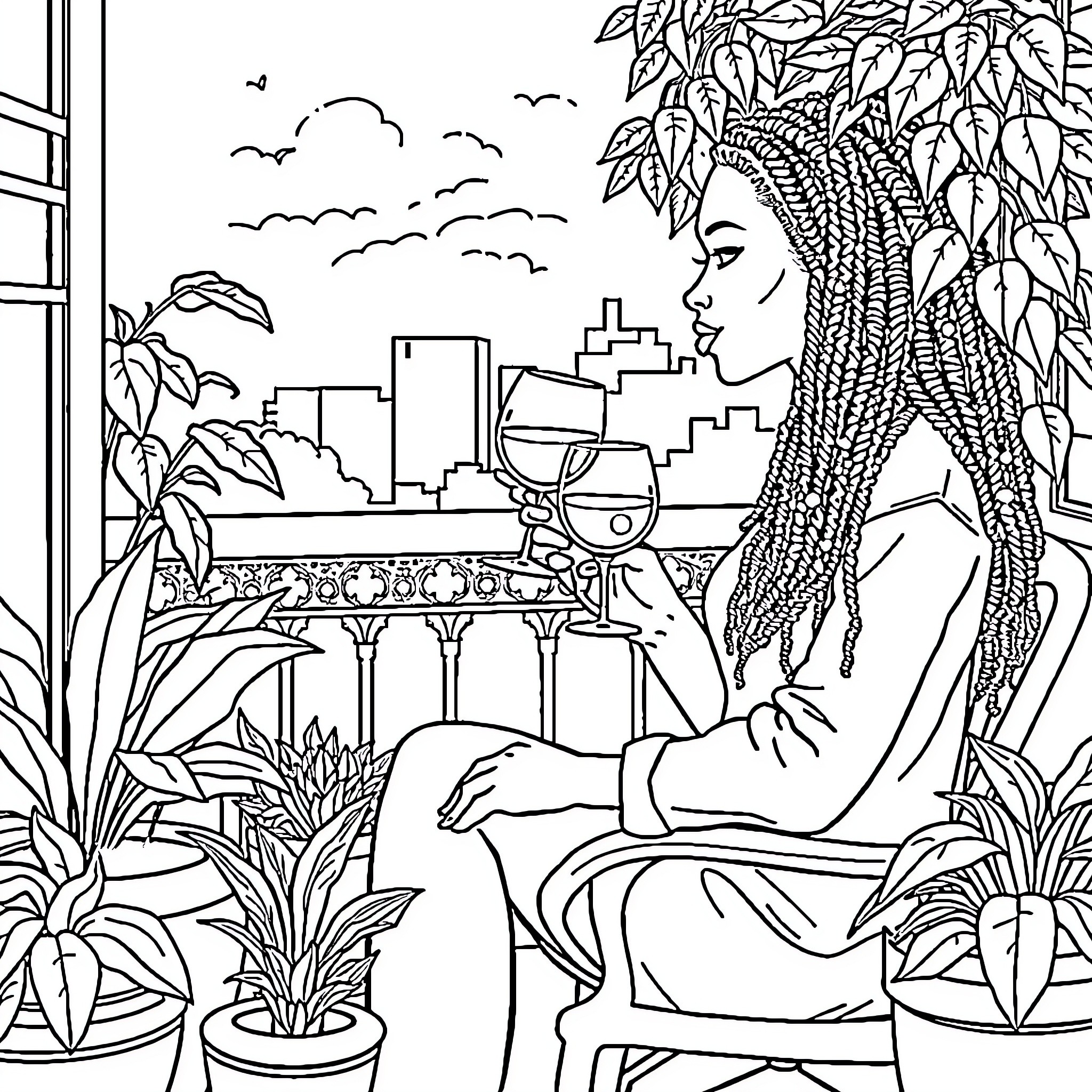 Woman enjoying a glass of wine on a balcony Coloring Page (free black-and-white line drawing printable PDF for all, from beginners to advanced learners, including children, teens, adults, and seniors)