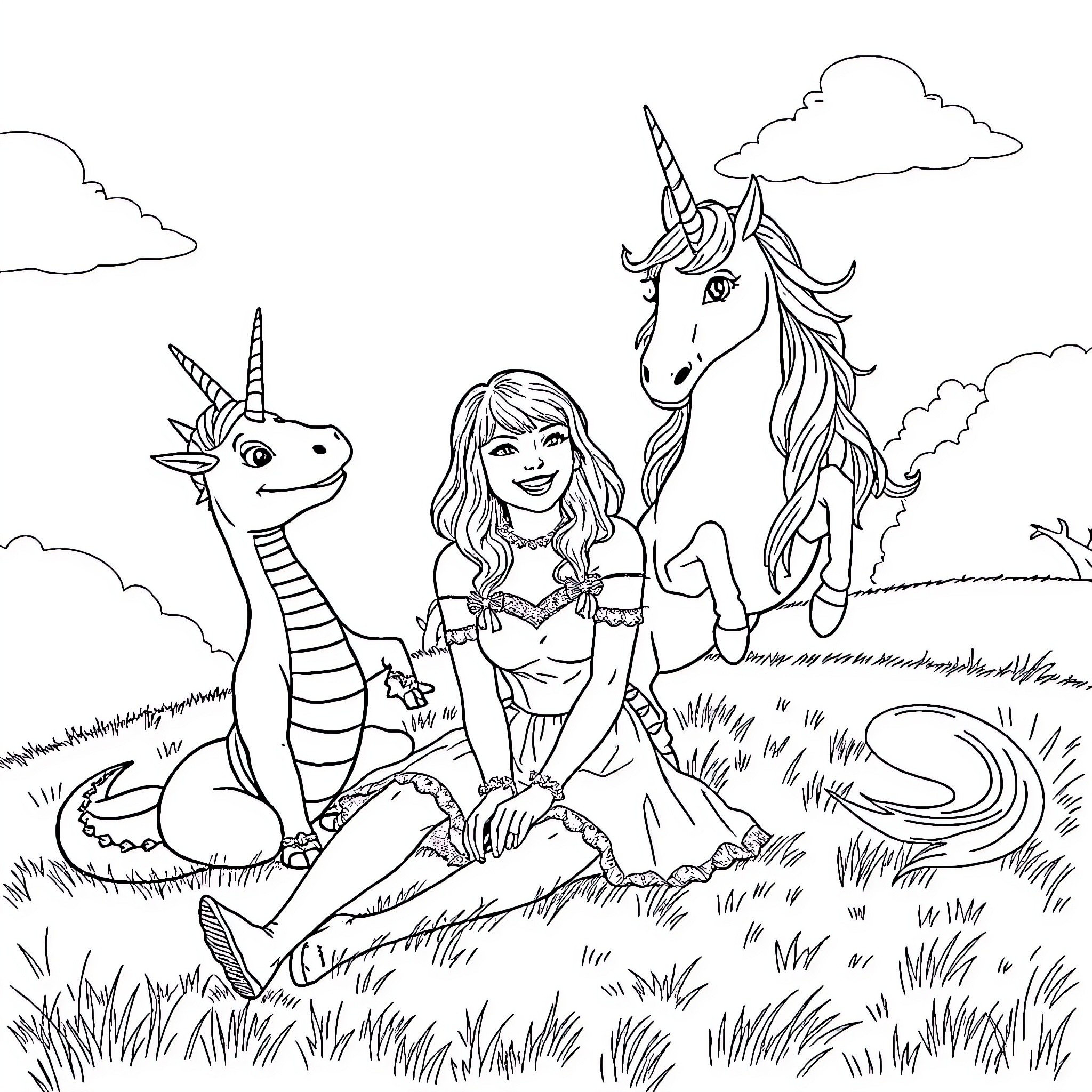 Taylor Swift posing with unicorns in a fantasy landscape Coloring Page (free black-and-white line drawing printable PDF for all, from beginners to advanced learners, including children, teens, adults, and seniors)