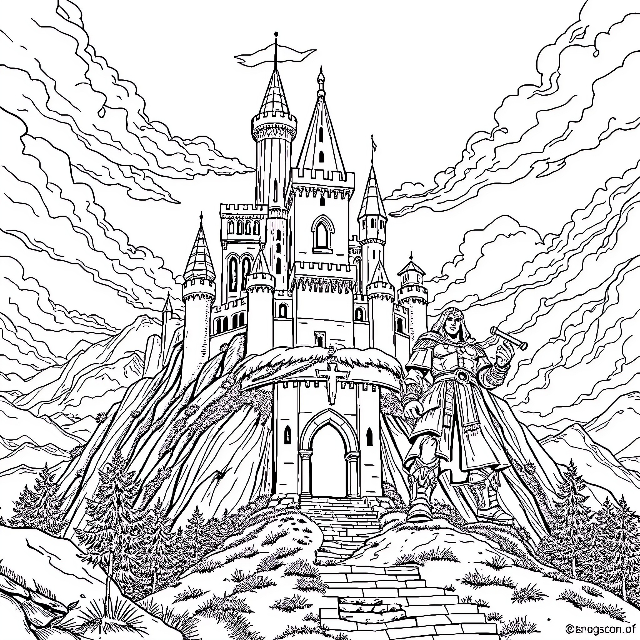 Castle with Fantasy Characters and Ornate Architecture Coloring Page (free black-and-white line drawing printable PDF for all, from beginners to advanced learners, including children, teens, adults, and seniors)