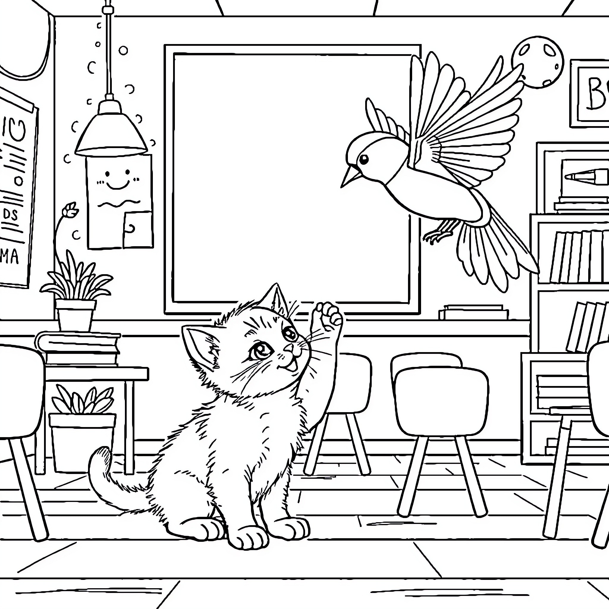 Kitten Observing Bird Flying in Classroom Coloring Page (free black-and-white line drawing printable PDF for all, from beginners to advanced learners, including children, teens, adults, and seniors)