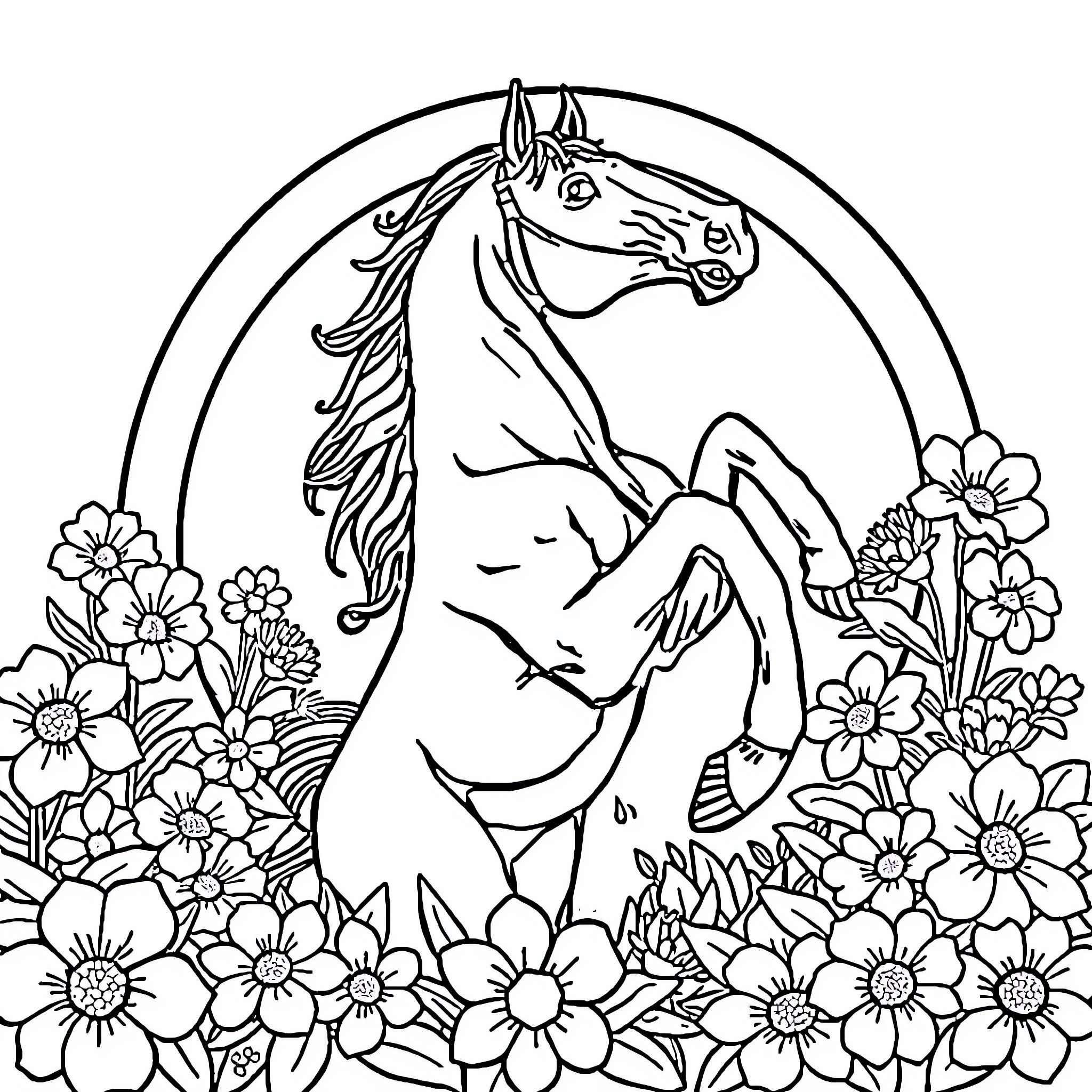 Horse surrounded by vibrant flowers in nature Coloring Page (free black-and-white line drawing printable PDF for all, from beginners to advanced learners, including children, teens, adults, and seniors)