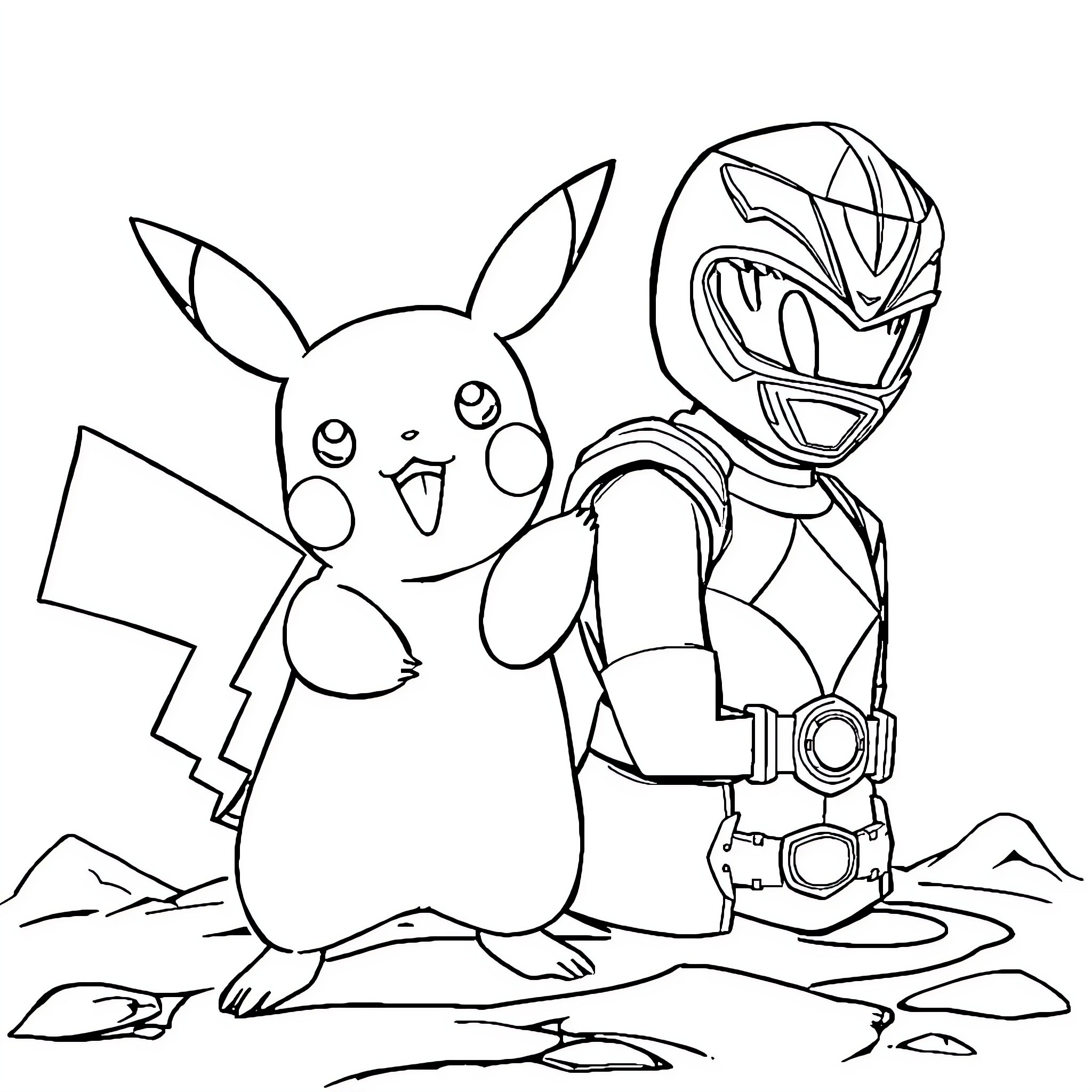 Pikachu meeting the Power Ranger in the wilderness Coloring Page (free black-and-white line drawing printable PDF for all, from beginners to advanced learners, including children, teens, adults, and seniors)