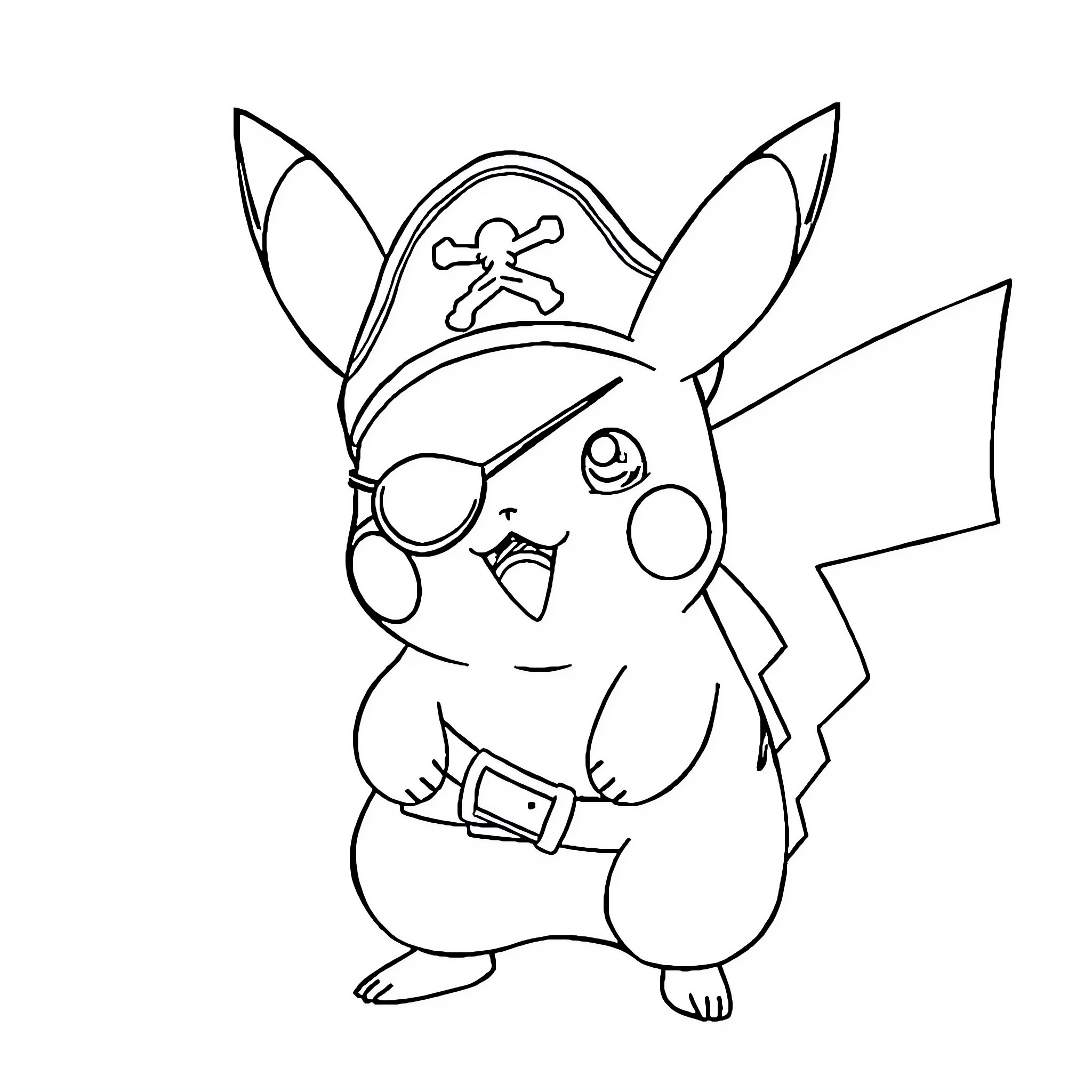 Pikachu dressed as a pirate with eye patch Coloring Page (free black-and-white line drawing printable PDF for all, from beginners to advanced learners, including children, teens, adults, and seniors)
