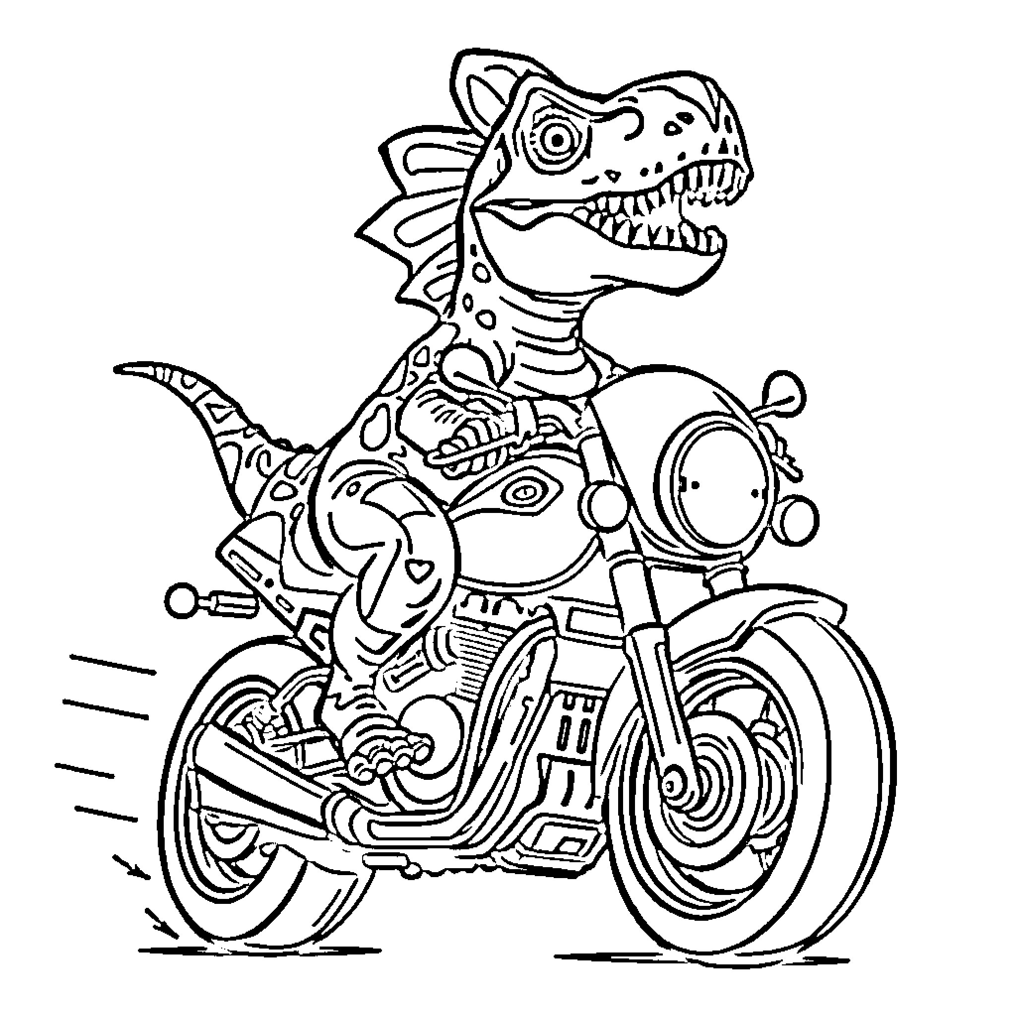 Dinosaur riding a motorcycle with mechanical parts Coloring Page (free black-and-white line drawing printable PDF for all, from beginners to advanced learners, including children, teens, adults, and seniors)