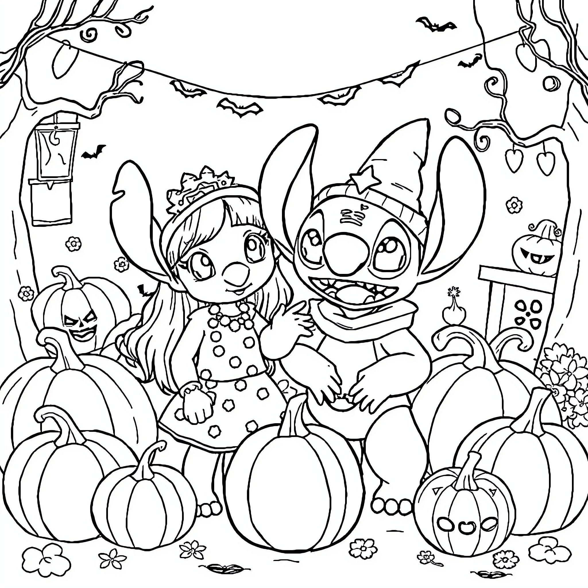 Lilo And Stitch Celebrate Halloween Together Coloring Page (free black-and-white line drawing printable PDF for all, from beginners to advanced learners, including children, teens, adults, and seniors)