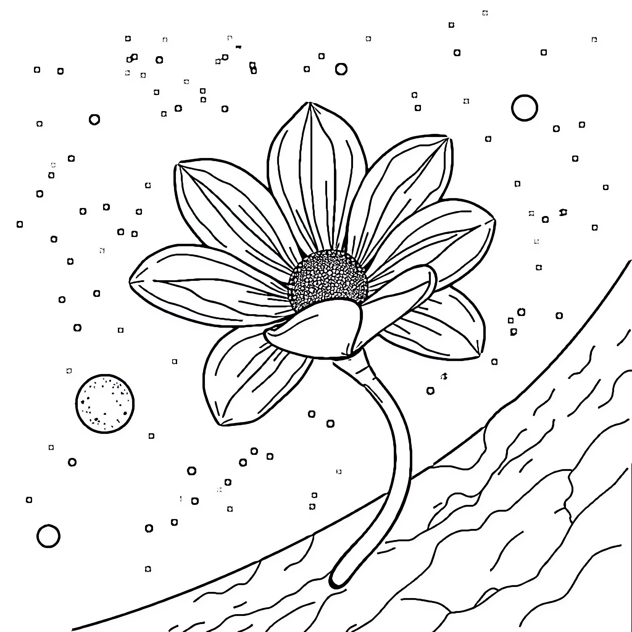 Flower in abstract landscape Coloring Page (free black-and-white line drawing printable PDF for all, from beginners to advanced learners, including children, teens, adults, and seniors)