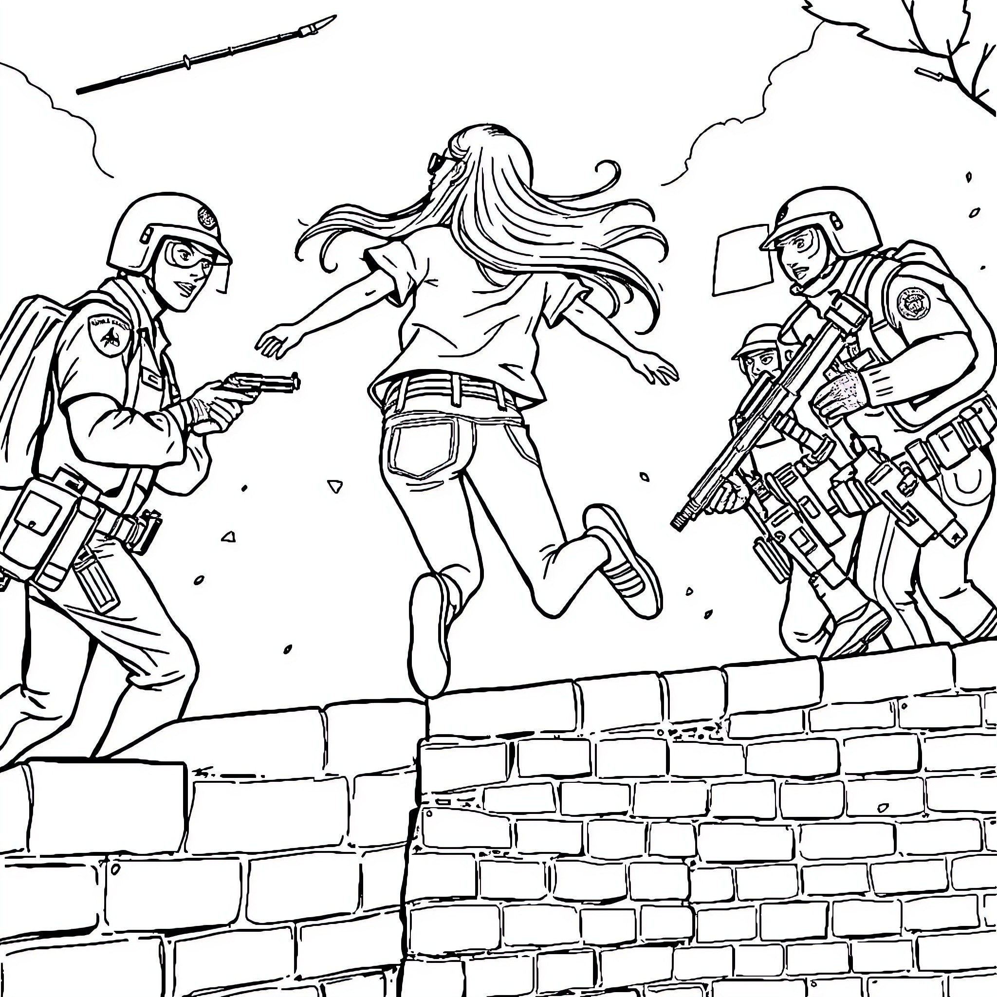 Teenage Girl Running From Military Personnel Coloring Page (free black-and-white line drawing printable PDF for all, from beginners to advanced learners, including children, teens, adults, and seniors)