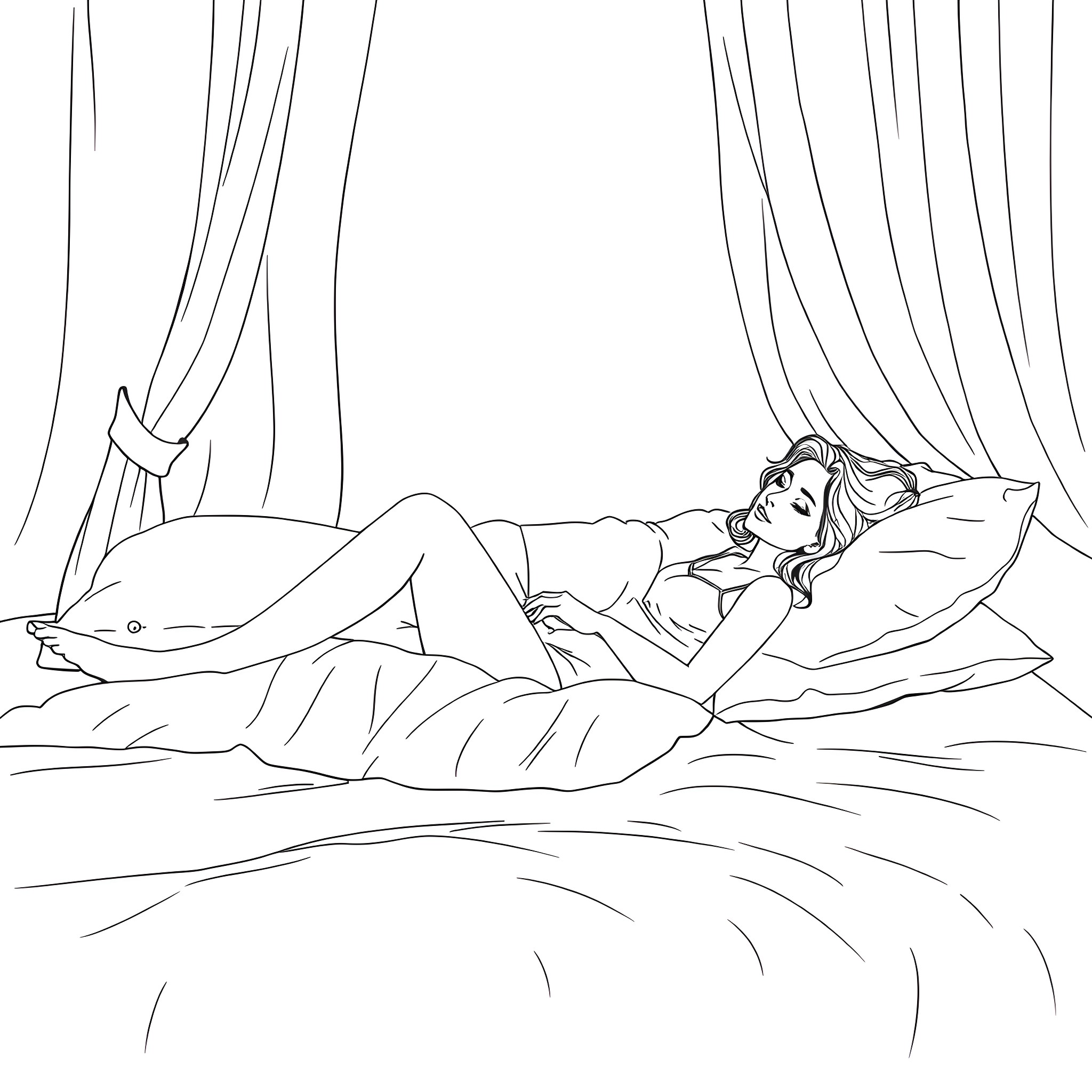 Woman resting peacefully in her bedroom Coloring Page (free black-and-white line drawing printable PDF for all, from beginners to advanced learners, including children, teens, adults, and seniors)