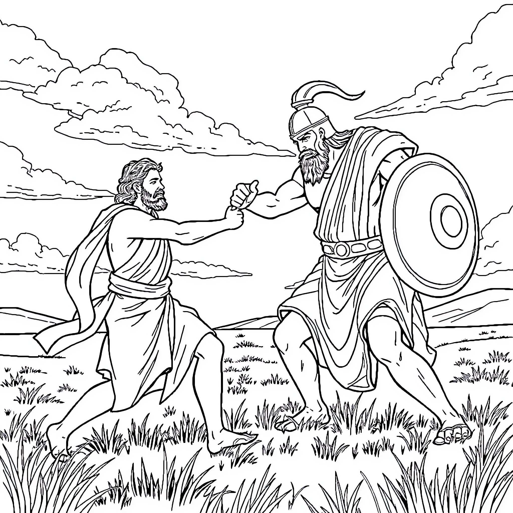 David and Goliath: The Confrontation of a Giant and a Youth Coloring Page (free black-and-white line drawing printable PDF for all, from beginners to advanced learners, including children, teens, adults, and seniors)