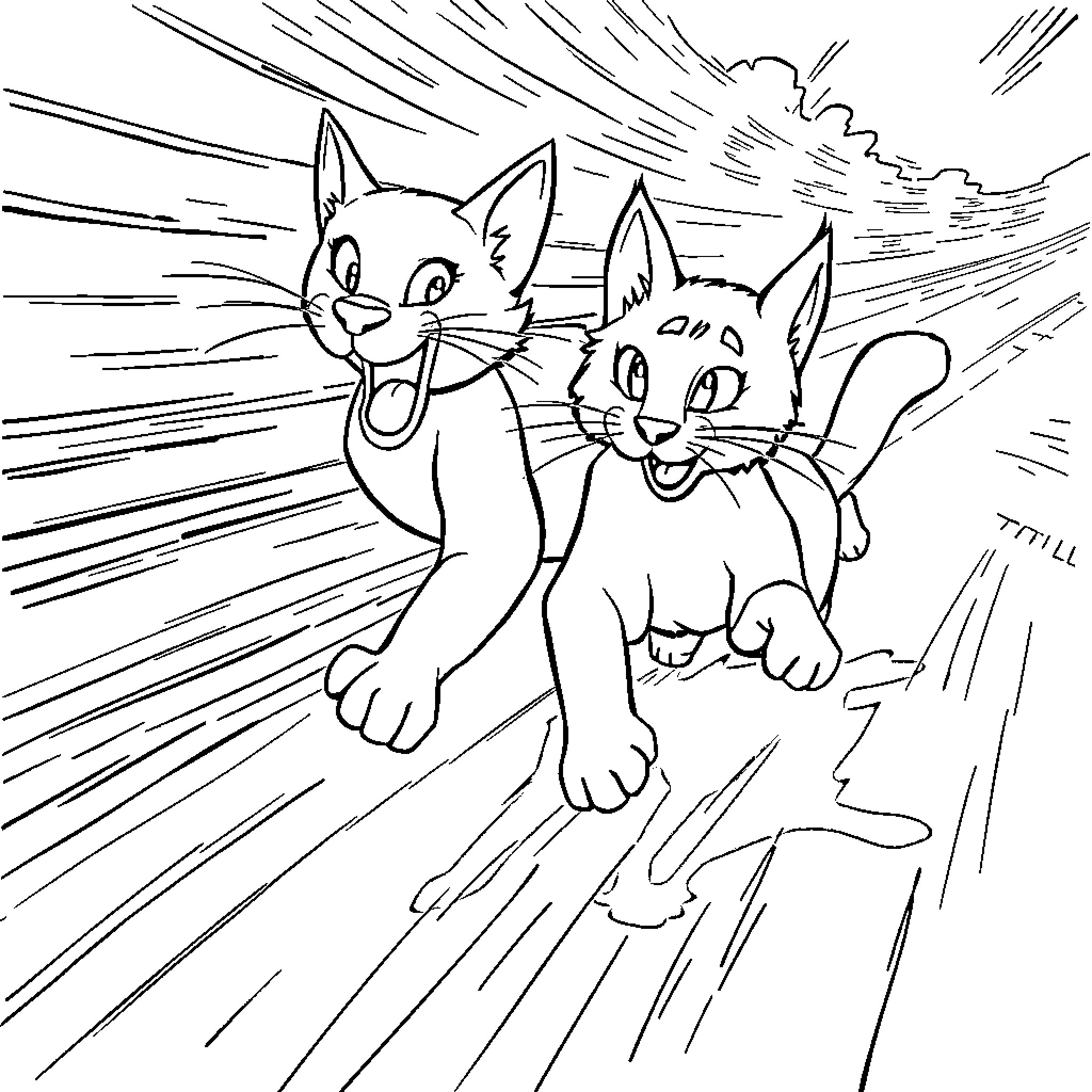 Gato feline friends racing through the wind Coloring Page (free black-and-white line drawing printable PDF for all, from beginners to advanced learners, including children, teens, adults, and seniors)