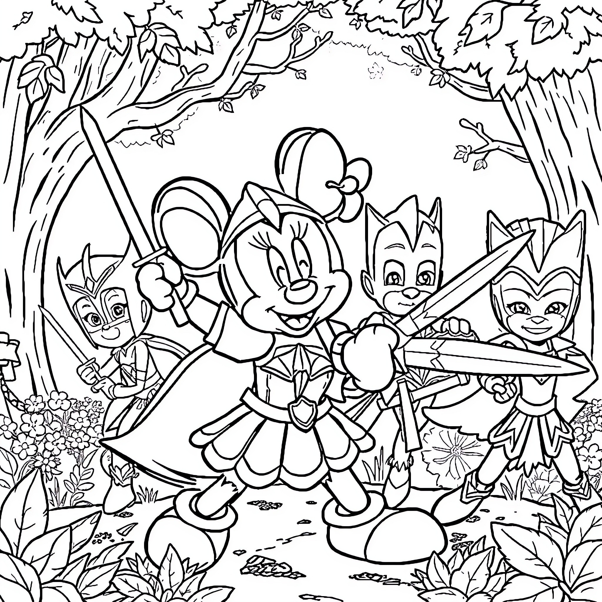 Minnie Mouse and friends on a forest adventure Coloring Page (free black-and-white line drawing printable PDF for all, from beginners to advanced learners, including children, teens, adults, and seniors)