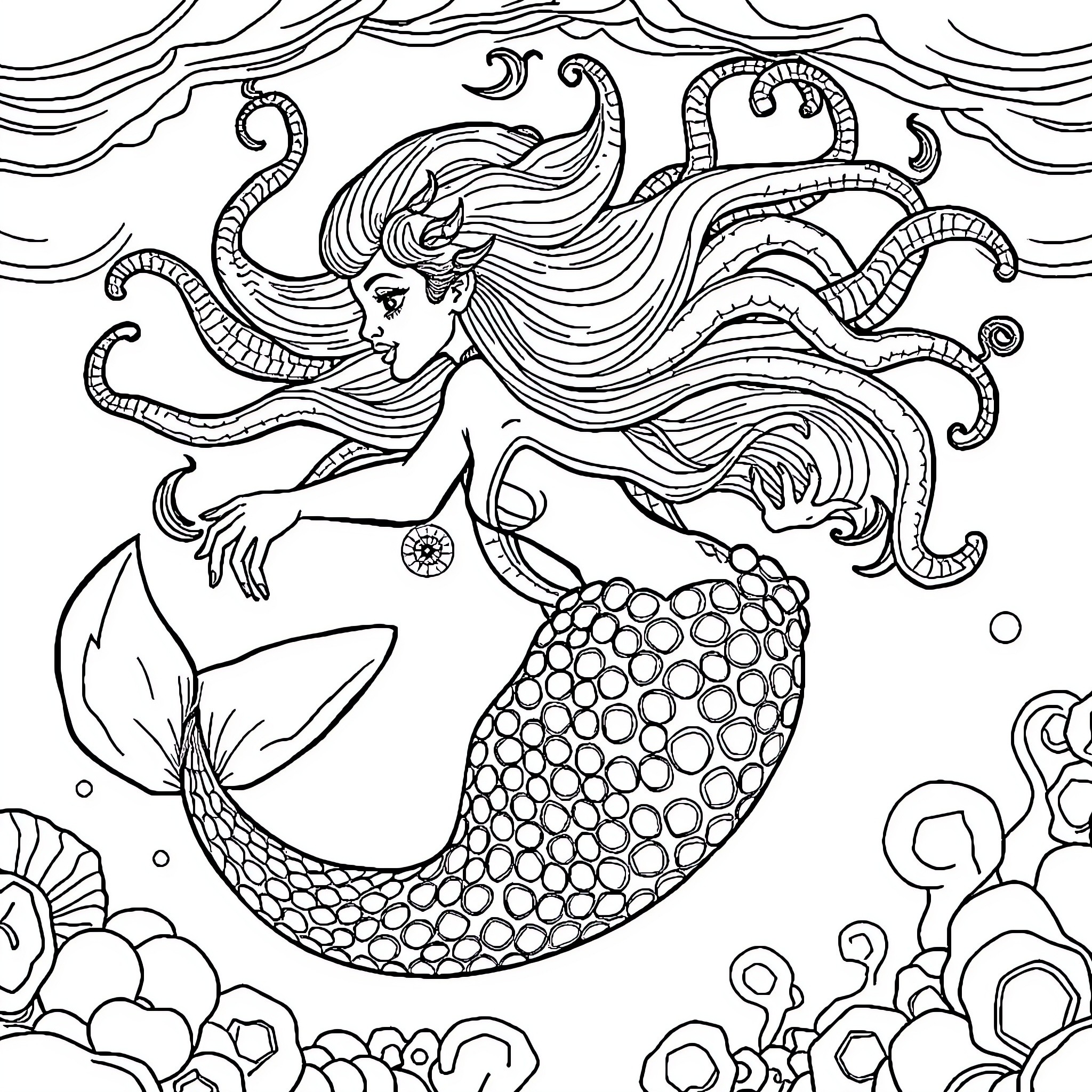 Mermaid swimming gracefully through the underwater world Coloring Page (free black-and-white line drawing printable PDF for all, from beginners to advanced learners, including children, teens, adults, and seniors)