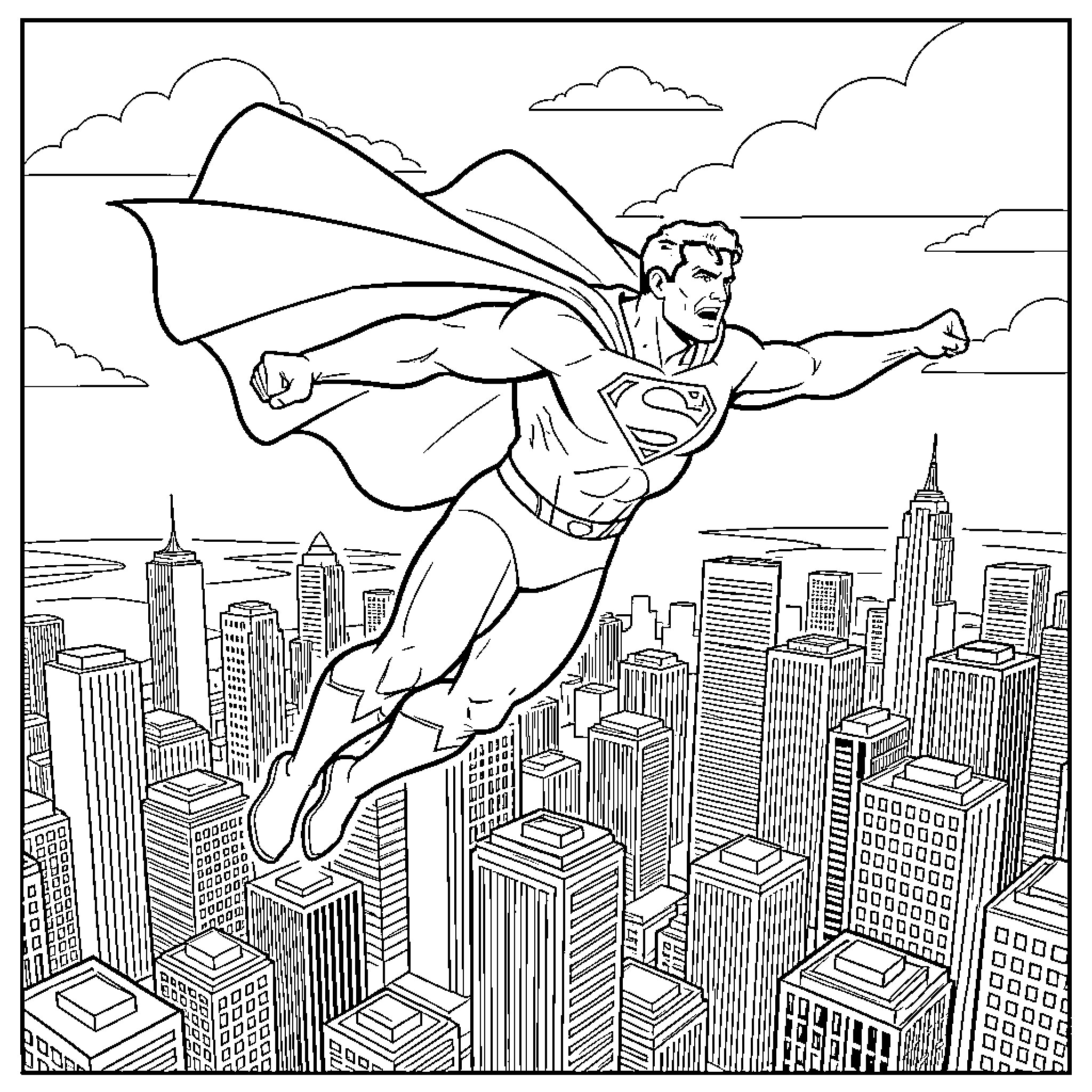 Superman flying over the city skyline Coloring Page (free black-and-white line drawing printable PDF for all, from beginners to advanced learners, including children, teens, adults, and seniors)