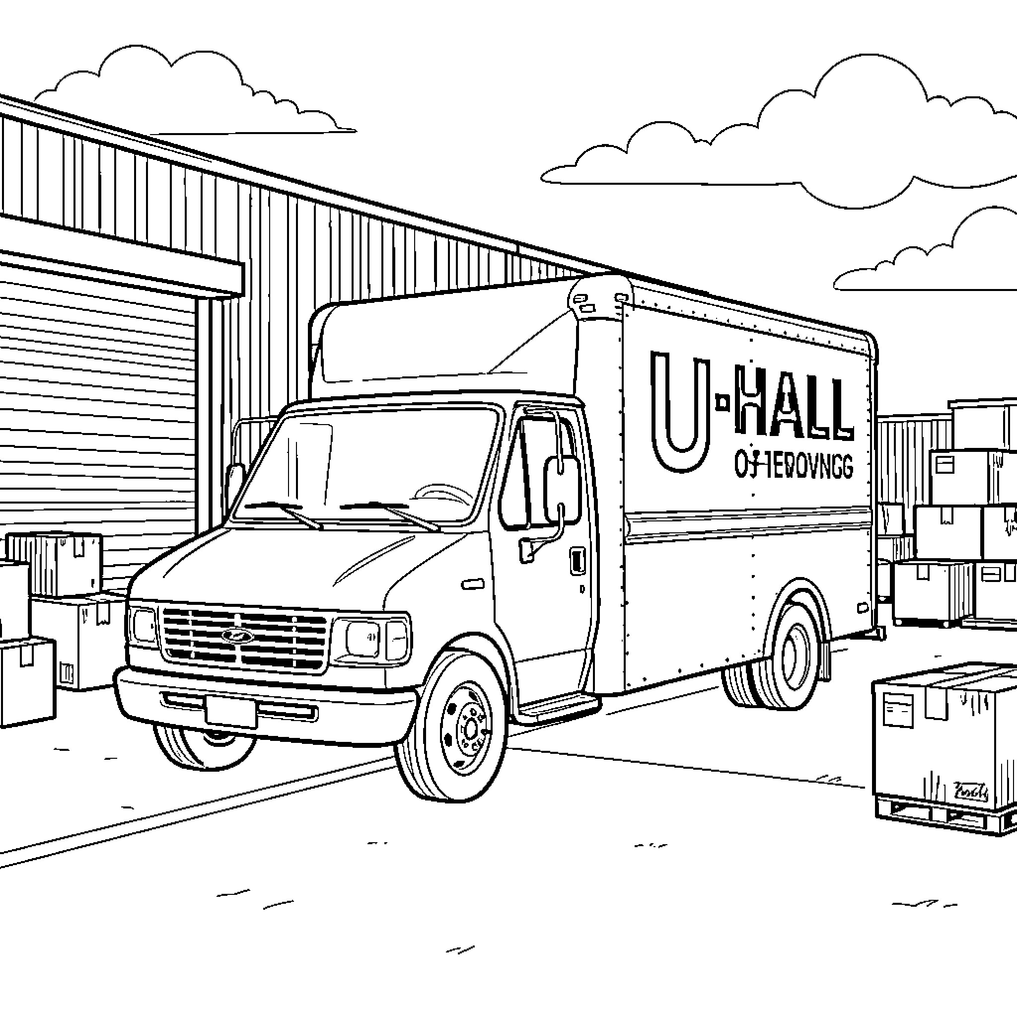 U-Haul truck parked near storage unit with boxes Coloring Page (free black-and-white line drawing printable PDF for all, from beginners to advanced learners, including children, teens, adults, and seniors)