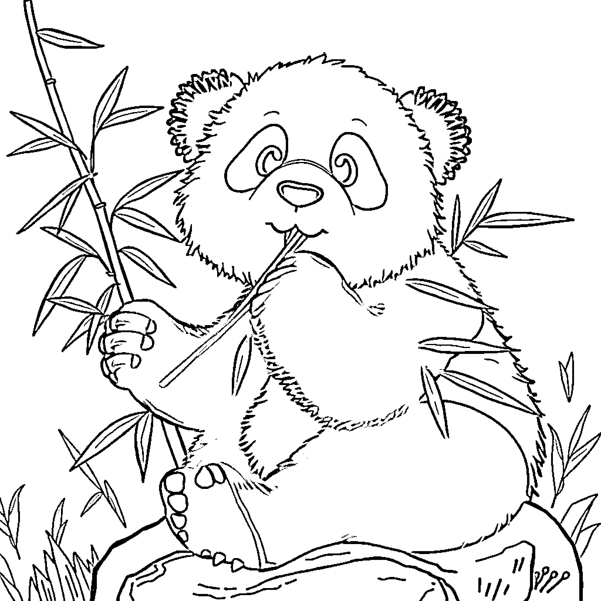 Panda enjoying bamboo in nature Coloring Page (free black-and-white line drawing printable PDF for all, from beginners to advanced learners, including children, teens, adults, and seniors)