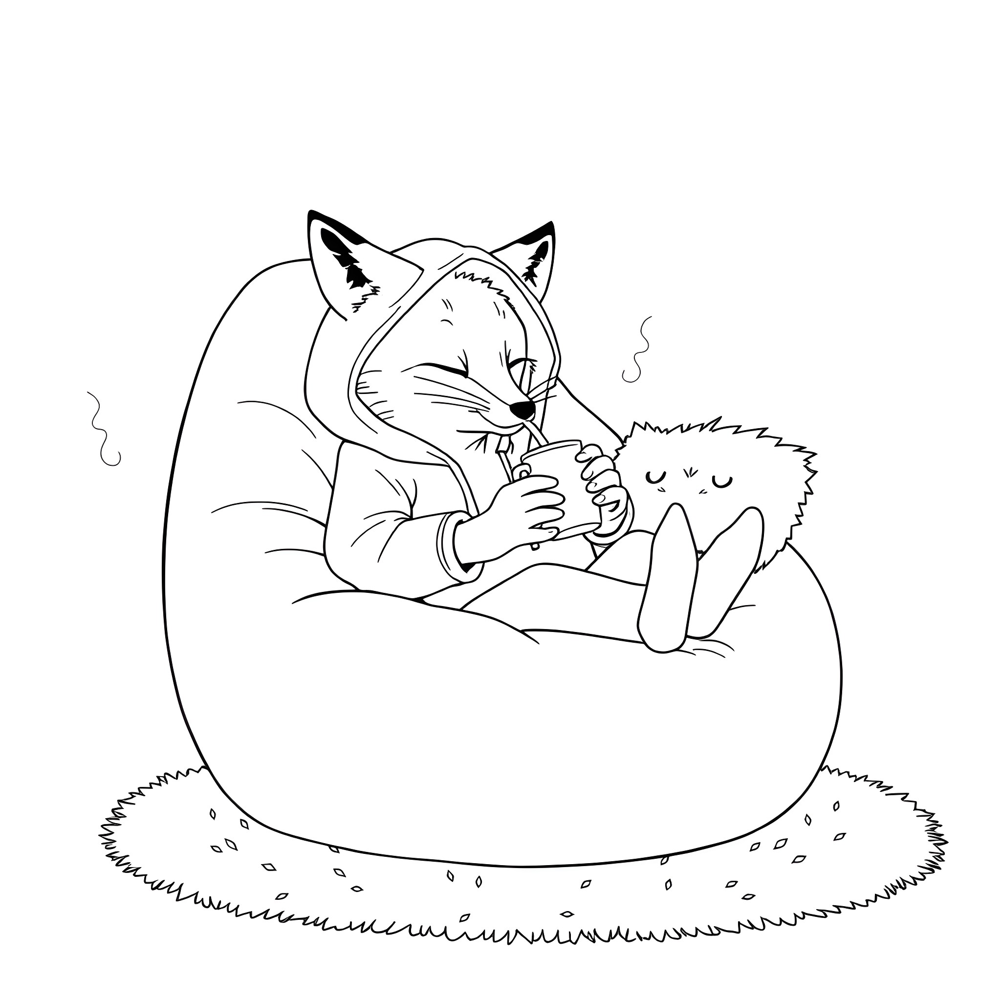 Fox curled up in a cozy nest Coloring Page (free black-and-white line drawing printable PDF for all, from beginners to advanced learners, including children, teens, adults, and seniors)