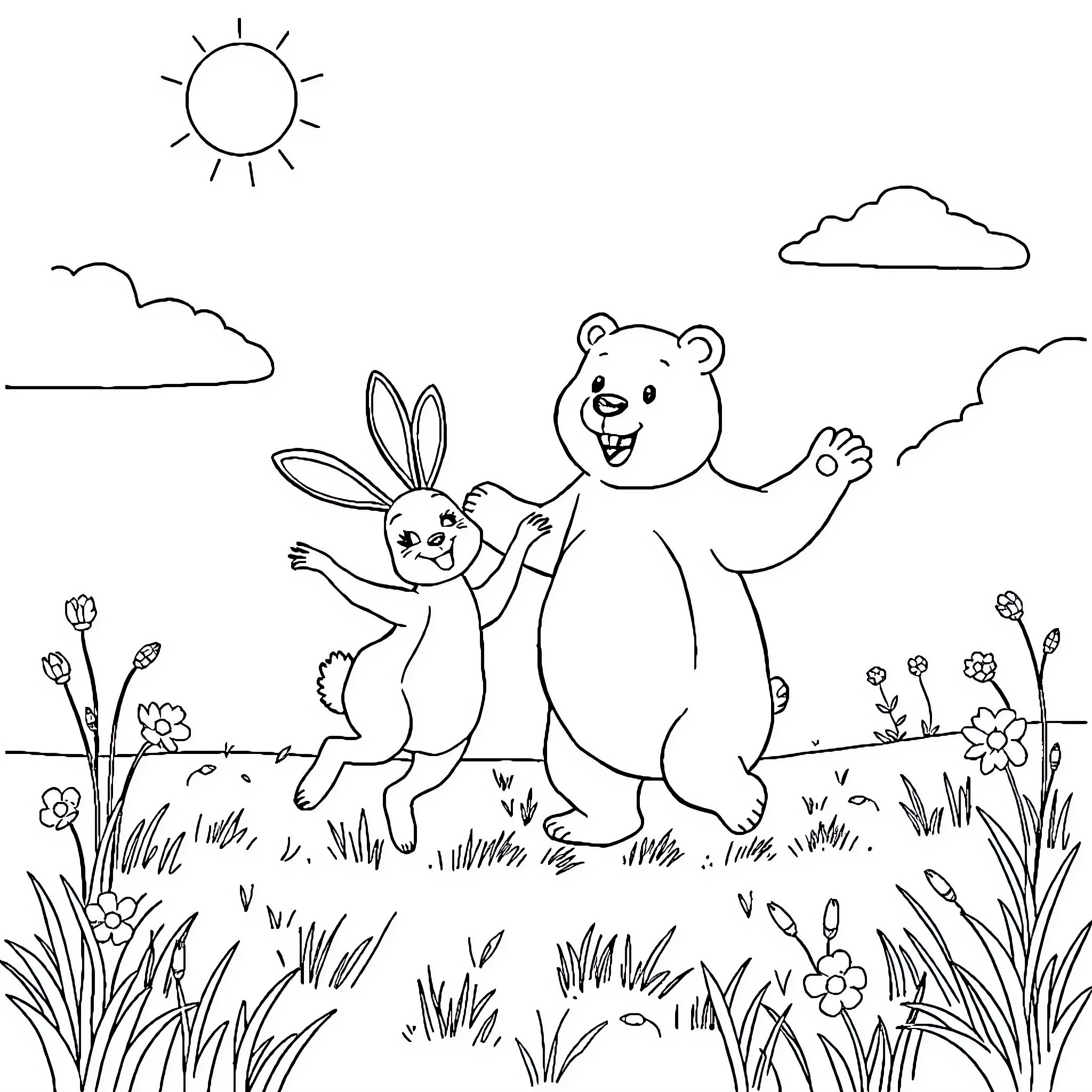 Rabbit and Bear Playing in the Meadow Coloring Page (free black-and-white line drawing printable PDF for all, from beginners to advanced learners, including children, teens, adults, and seniors)