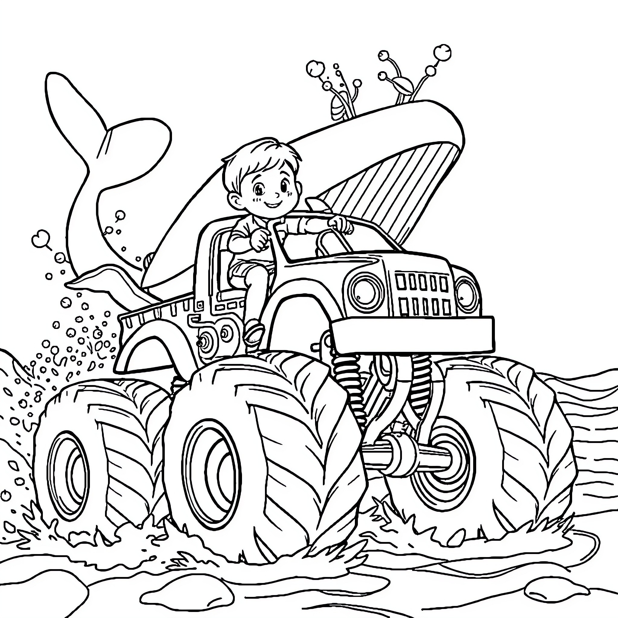 Boy exploring in a rugged monster truck Coloring Page (free black-and-white line drawing printable PDF for all, from beginners to advanced learners, including children, teens, adults, and seniors)