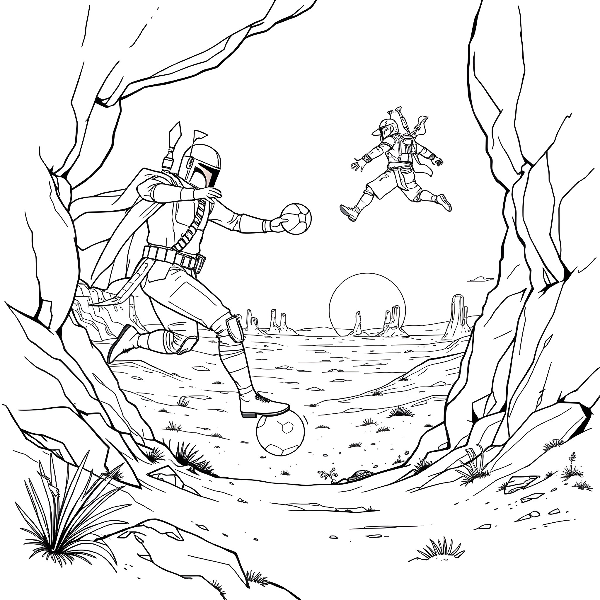 Mandalorian warrior battles a droid in the desert Coloring Page (free black-and-white line drawing printable PDF for all, from beginners to advanced learners, including children, teens, adults, and seniors)