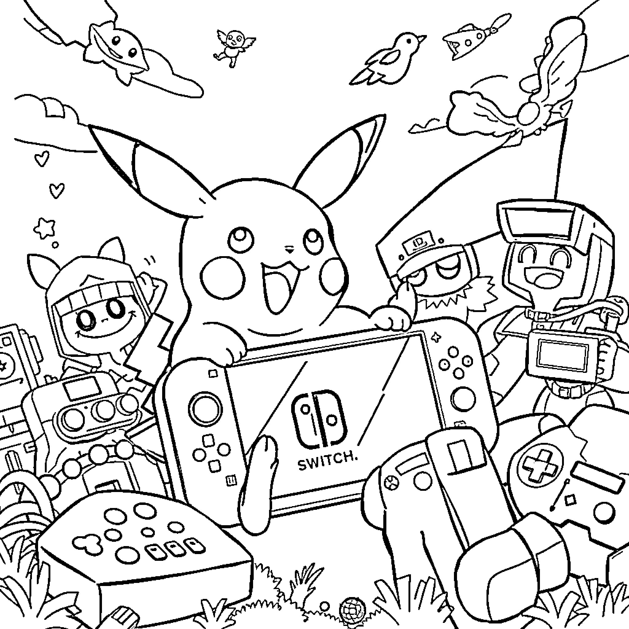 Pikachu gaming with robotic friends Coloring Page (free black-and-white line drawing printable PDF for all, from beginners to advanced learners, including children, teens, adults, and seniors)