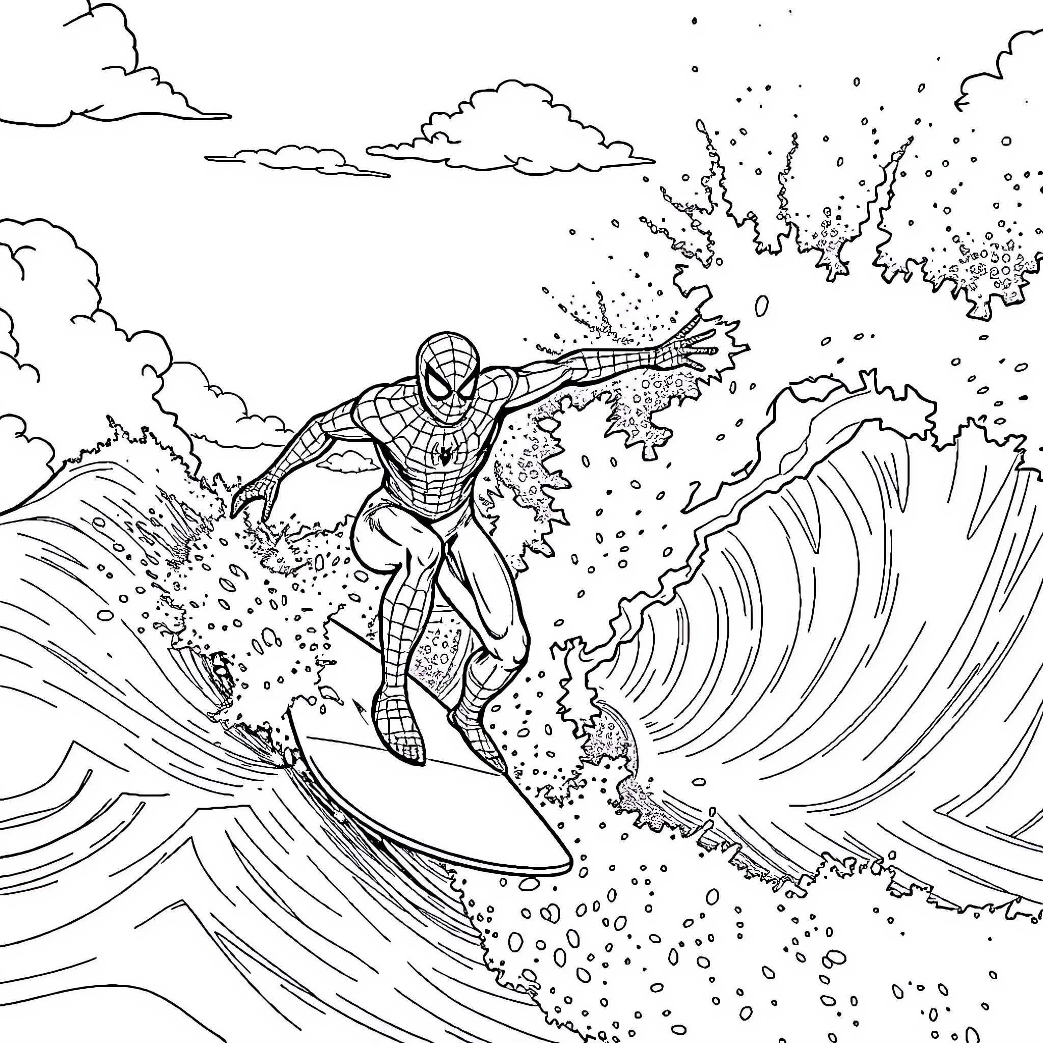 Spider-Man surfing the waves with action and energy Coloring Page (free black-and-white line drawing printable PDF for all, from beginners to advanced learners, including children, teens, adults, and seniors)