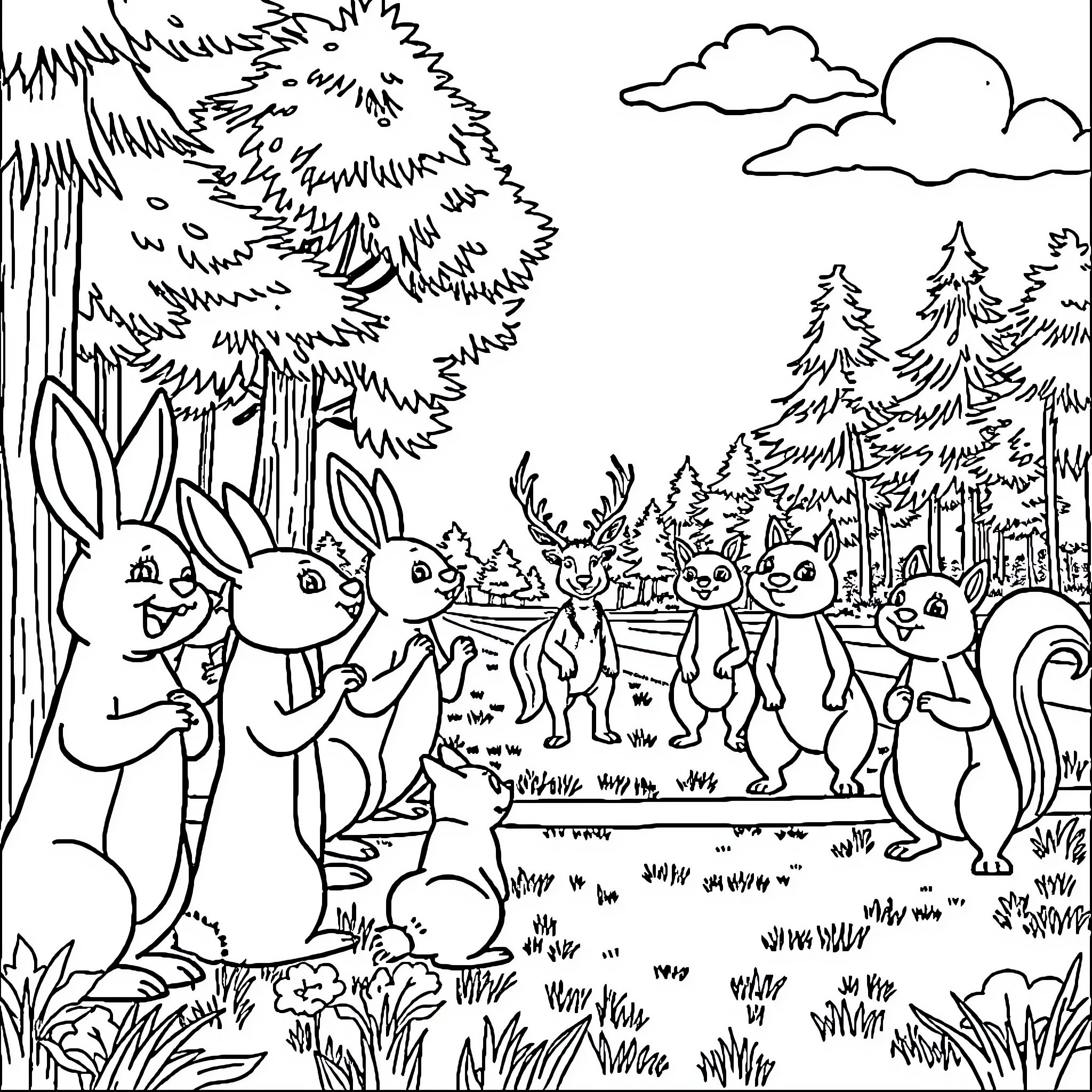 Animal characters enjoying a day in the forest Coloring Page (free black-and-white line drawing printable PDF for all, from beginners to advanced learners, including children, teens, adults, and seniors)