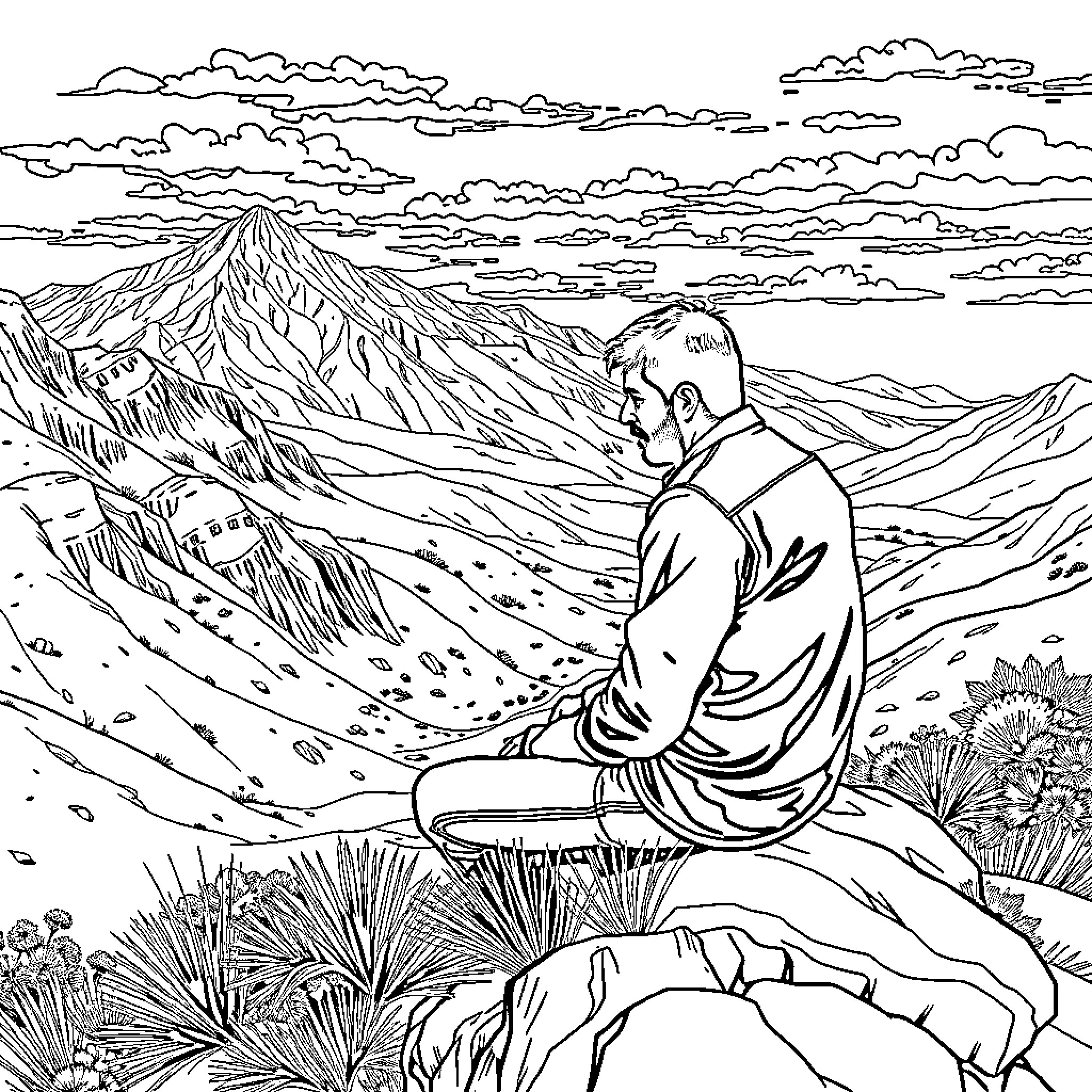 Esteban contemplates the majestic mountain landscape Coloring Page (free black-and-white line drawing printable PDF for all, from beginners to advanced learners, including children, teens, adults, and seniors)