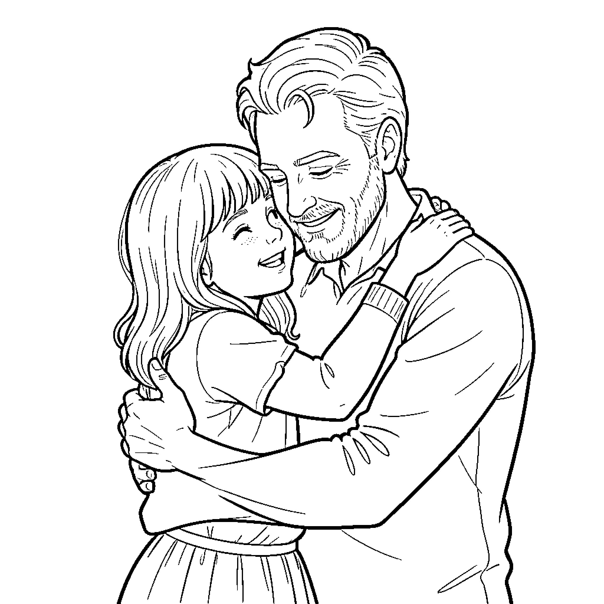 Daddy giving a warm hug to his happy daughter Coloring Page (free black-and-white line drawing printable PDF for all, from beginners to advanced learners, including children, teens, adults, and seniors)