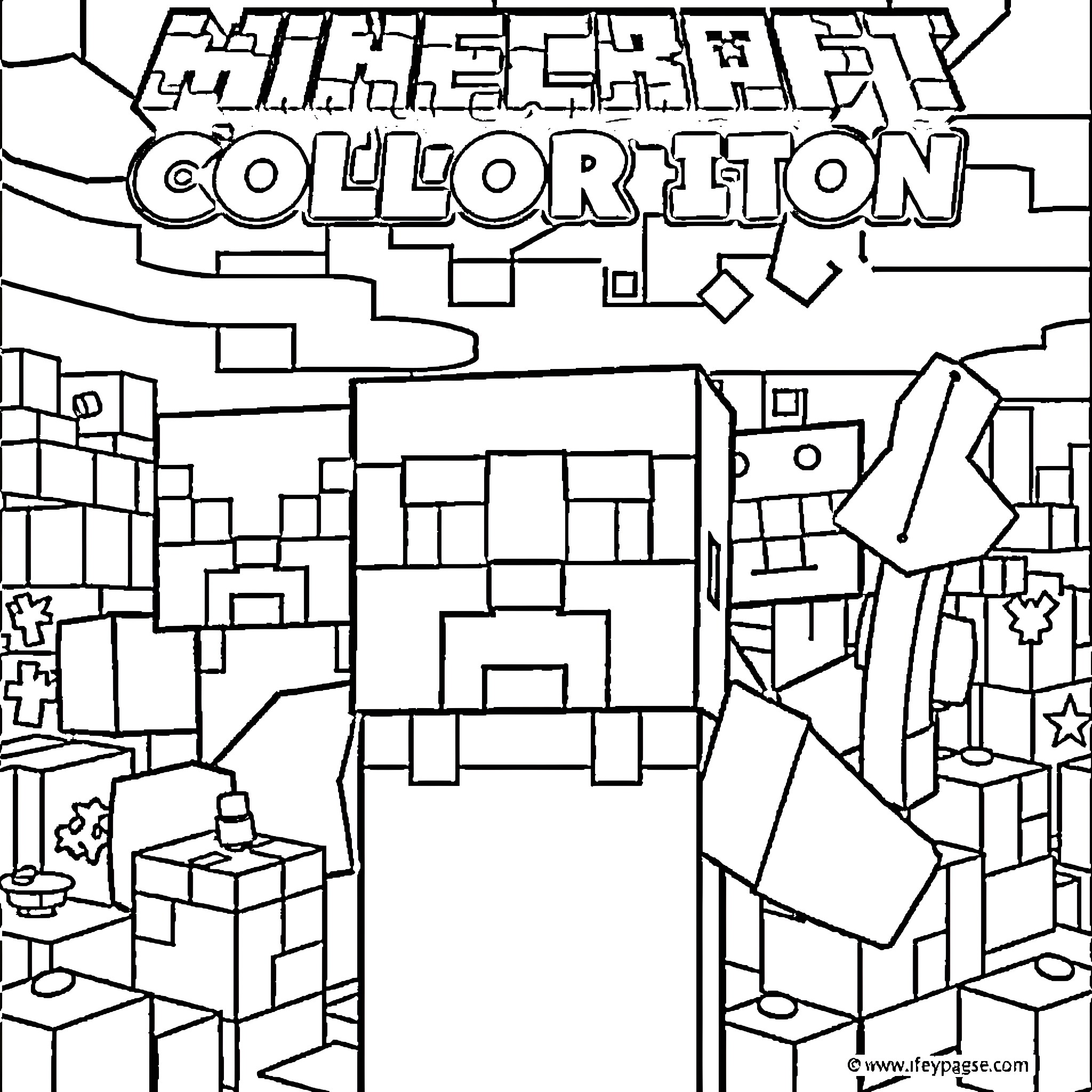 Minecraft Collorion: Geometric Shapes and Structures Coloring Page (free black-and-white line drawing printable PDF for all, from beginners to advanced learners, including children, teens, adults, and seniors)