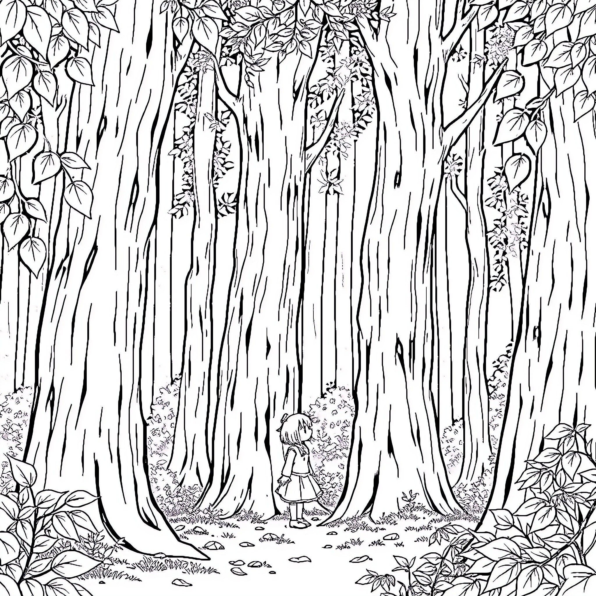 Kuromi exploring the enchanted forest Coloring Page (free black-and-white line drawing printable PDF for all, from beginners to advanced learners, including children, teens, adults, and seniors)
