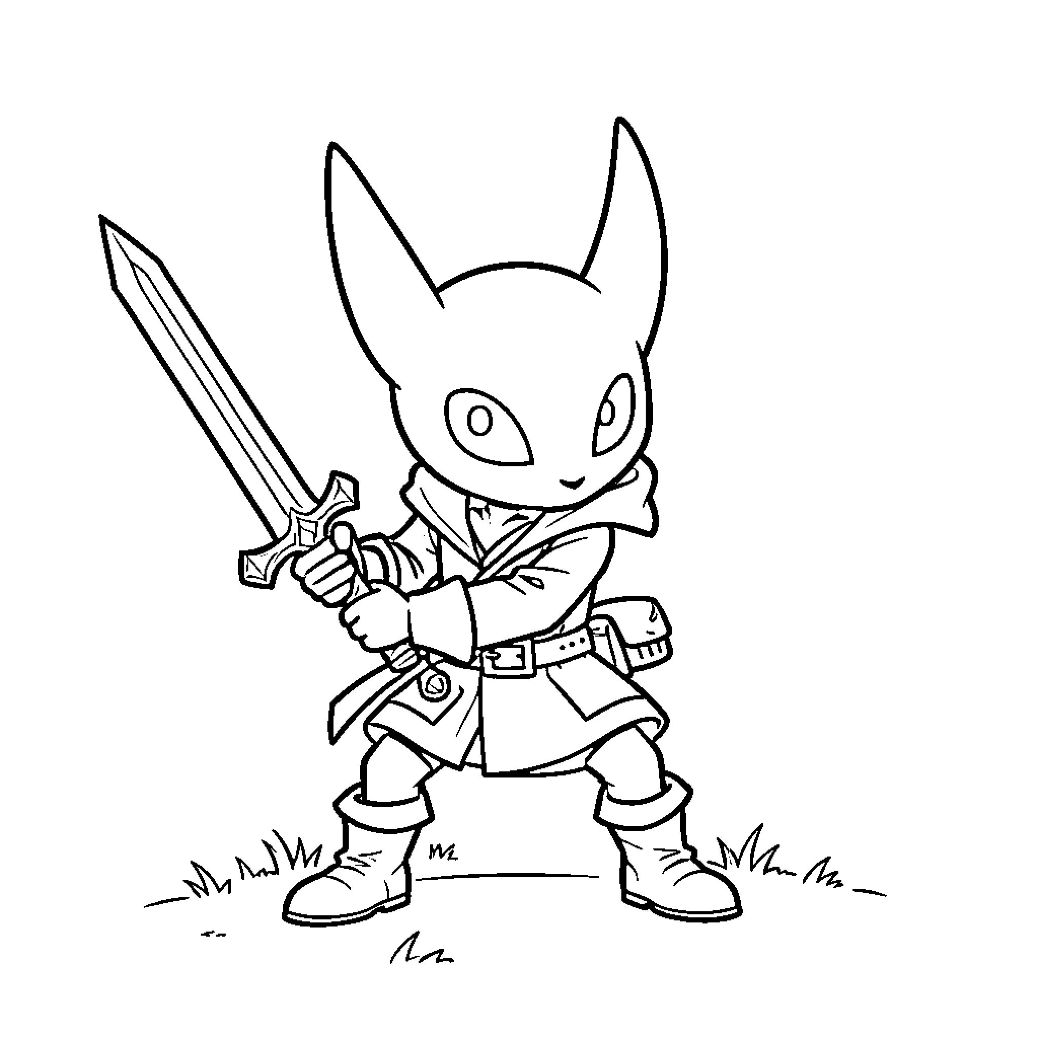 Hollox Knight wielding a sword in a battle stance Coloring Page (free black-and-white line drawing printable PDF for all, from beginners to advanced learners, including children, teens, adults, and seniors)