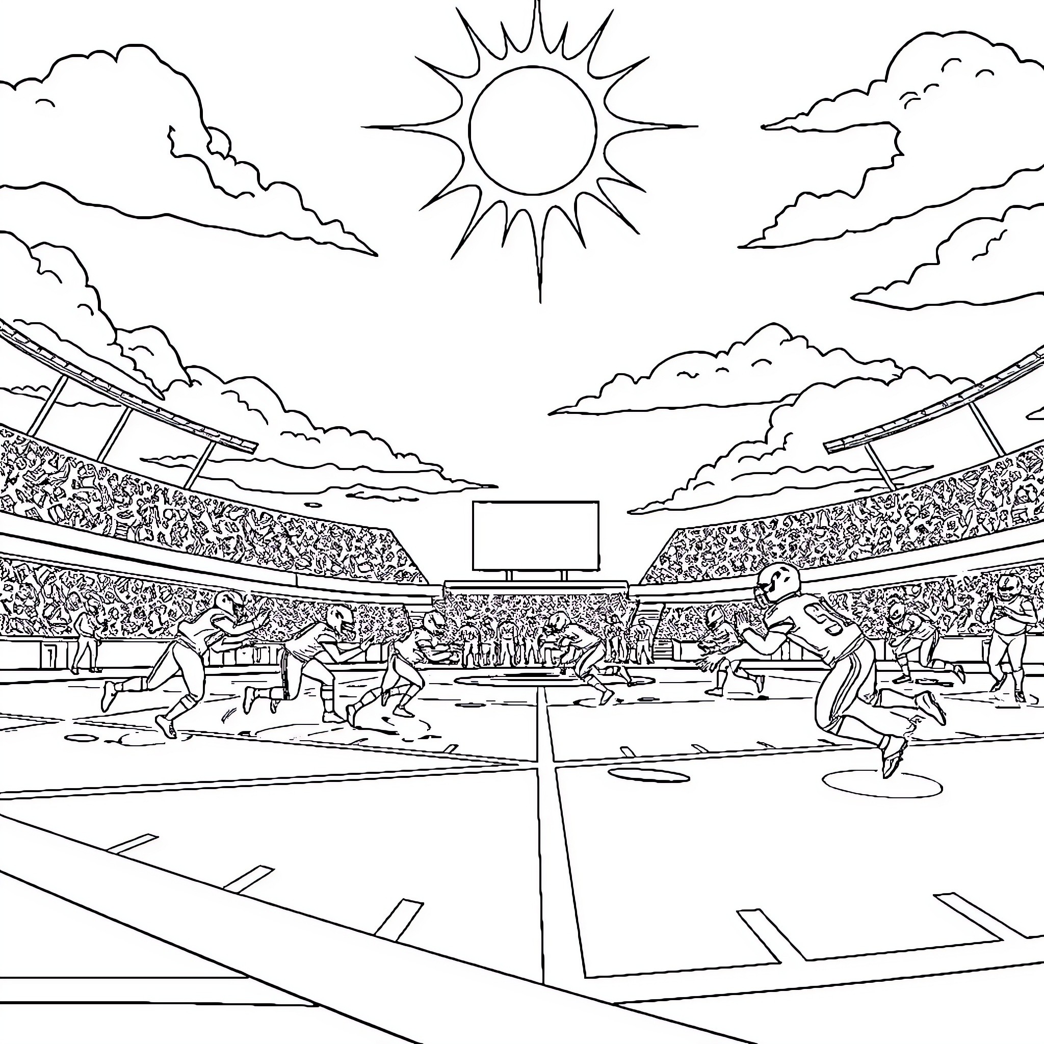Dolphin athletes competing in a sunny stadium Coloring Page (free black-and-white line drawing printable PDF for all, from beginners to advanced learners, including children, teens, adults, and seniors)