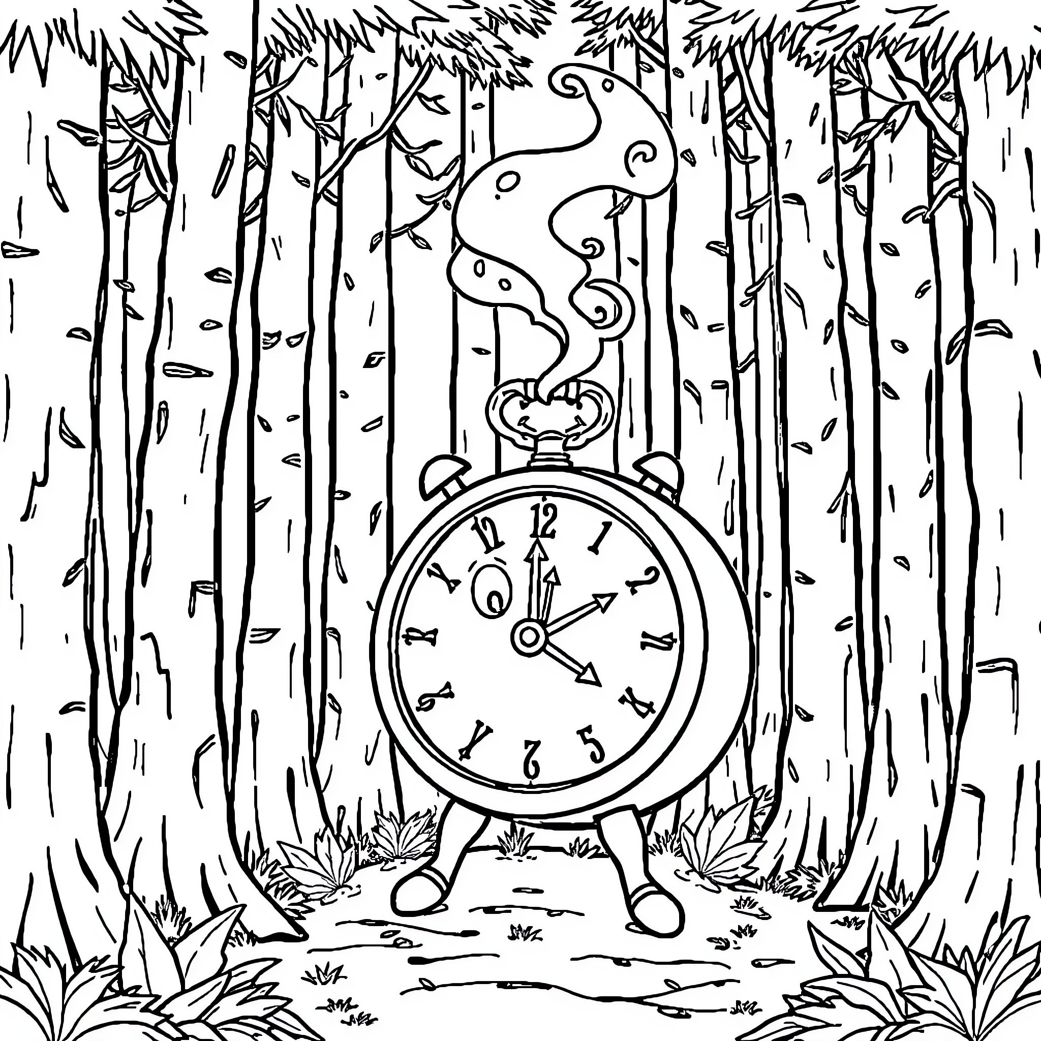 Clock Lost in the Forest Coloring Page (free black-and-white line drawing printable PDF for all, from beginners to advanced learners, including children, teens, adults, and seniors)