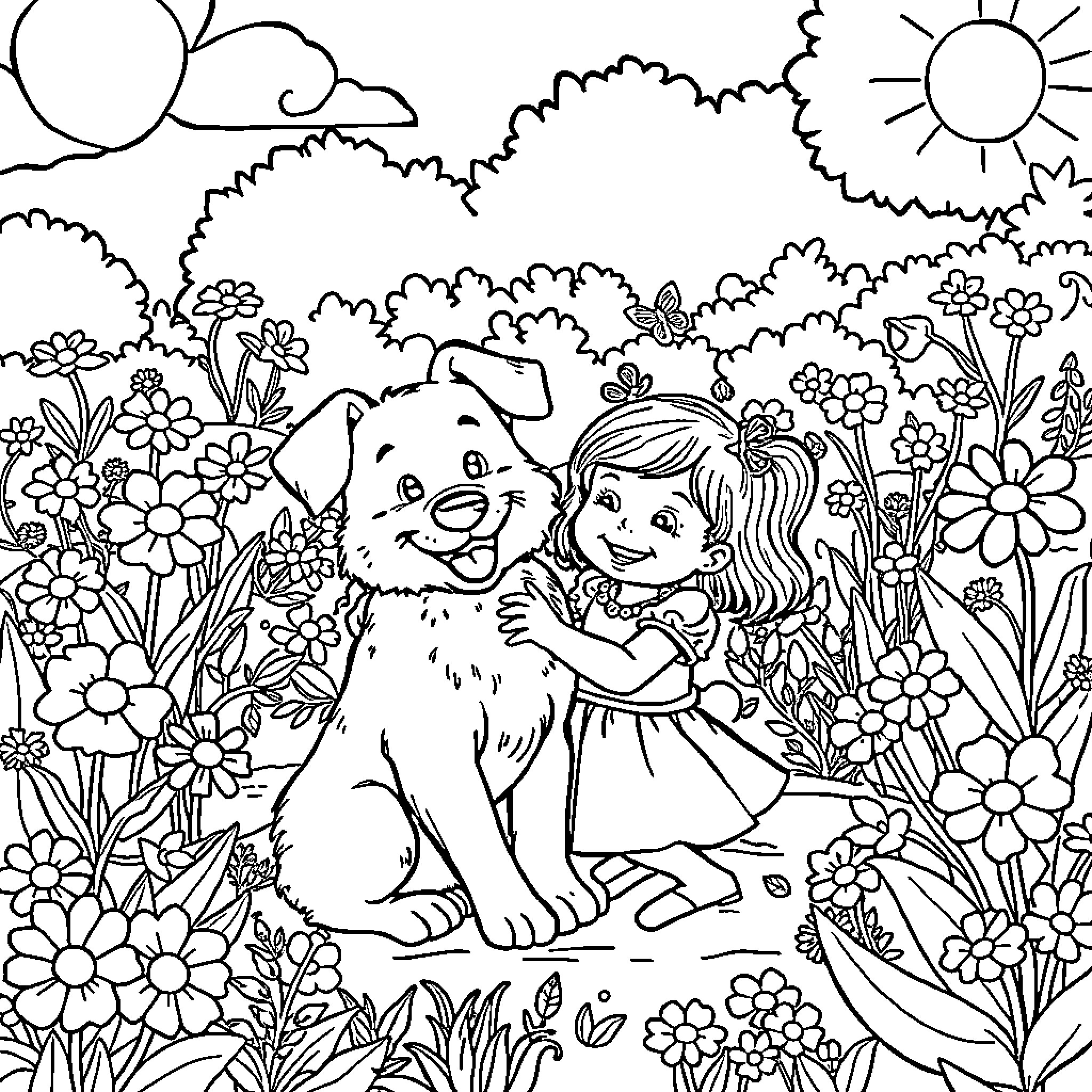 Dog and Girl Exploring Lush Garden Coloring Page (free black-and-white line drawing printable PDF for all, from beginners to advanced learners, including children, teens, adults, and seniors)