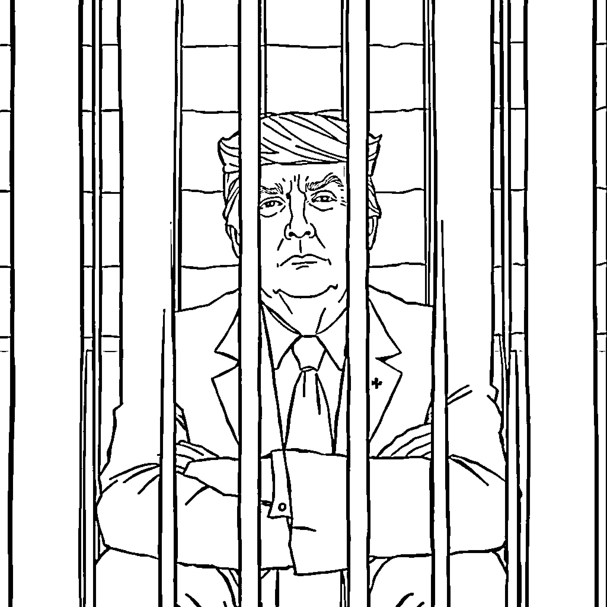 Trump behind Bars: A Solemn Portrayal Coloring Page (free black-and-white line drawing printable PDF for all, from beginners to advanced learners, including children, teens, adults, and seniors)