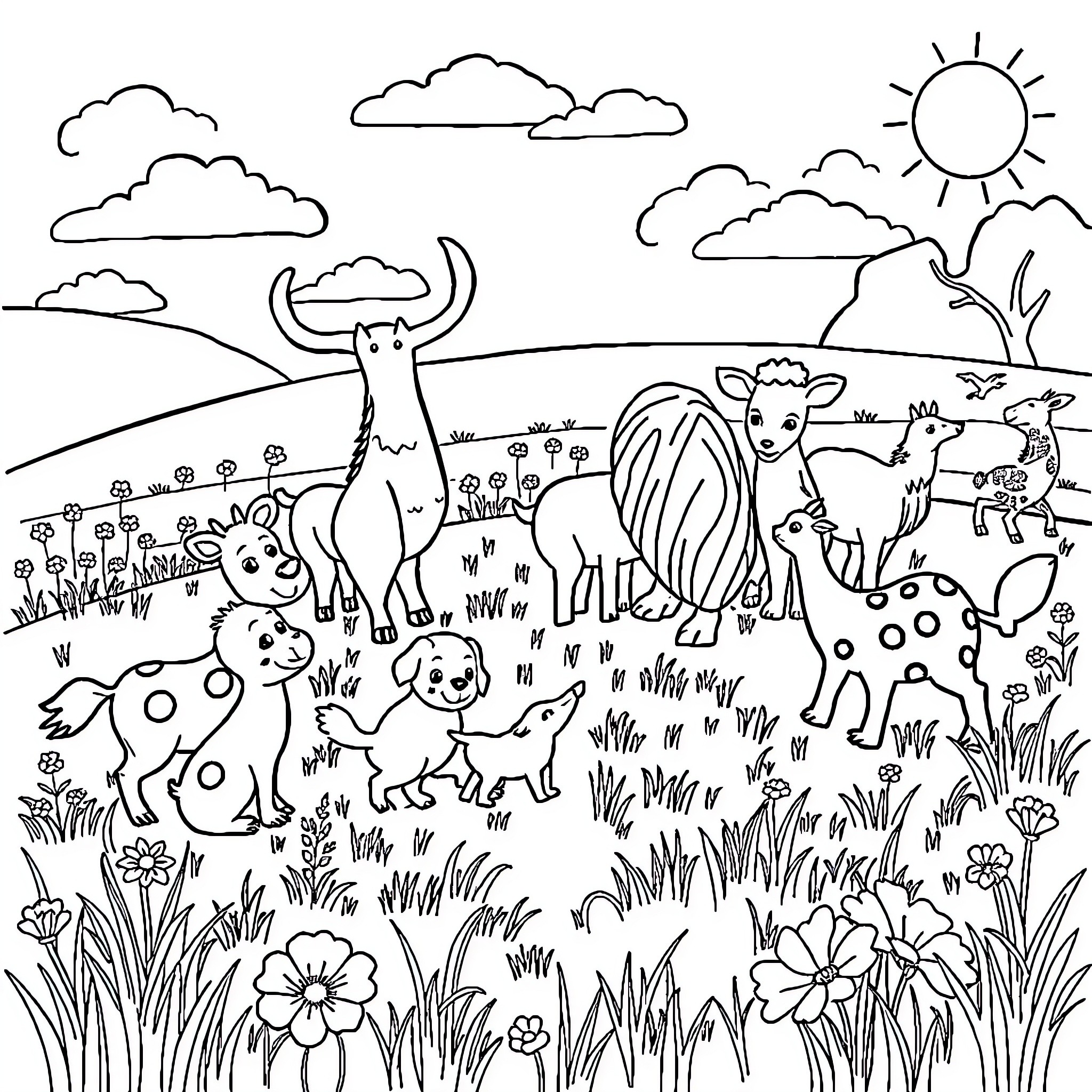 Animal friends exploring a scenic countryside Coloring Page (free black-and-white line drawing printable PDF for all, from beginners to advanced learners, including children, teens, adults, and seniors)