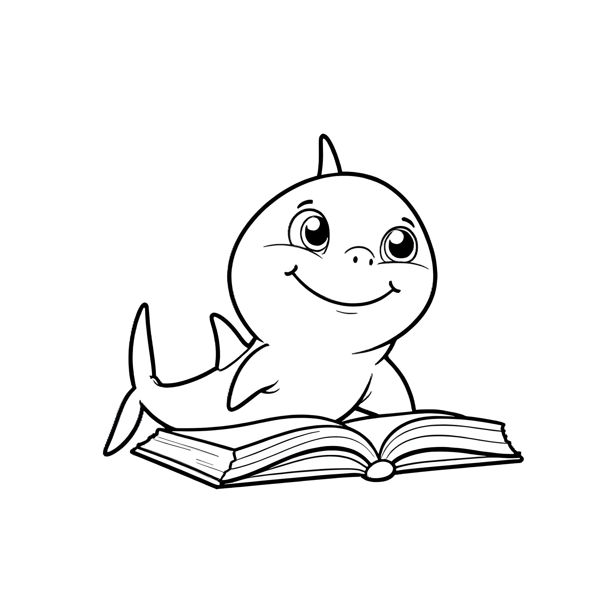 Baby Shark reading a storybook happily Coloring Page (free black-and-white line drawing printable PDF for all, from beginners to advanced learners, including children, teens, adults, and seniors)