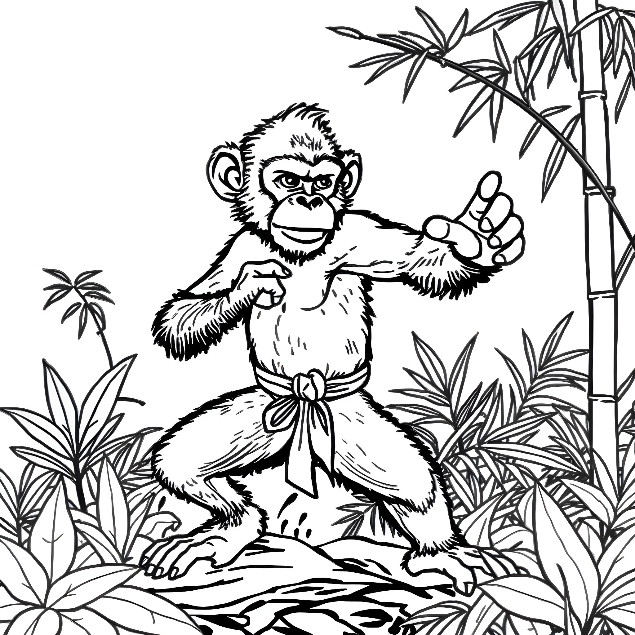 Monkey in jungle with bamboo Coloring Page (free black-and-white line drawing printable PDF for all, from beginners to advanced learners, including children, teens, adults, and seniors)