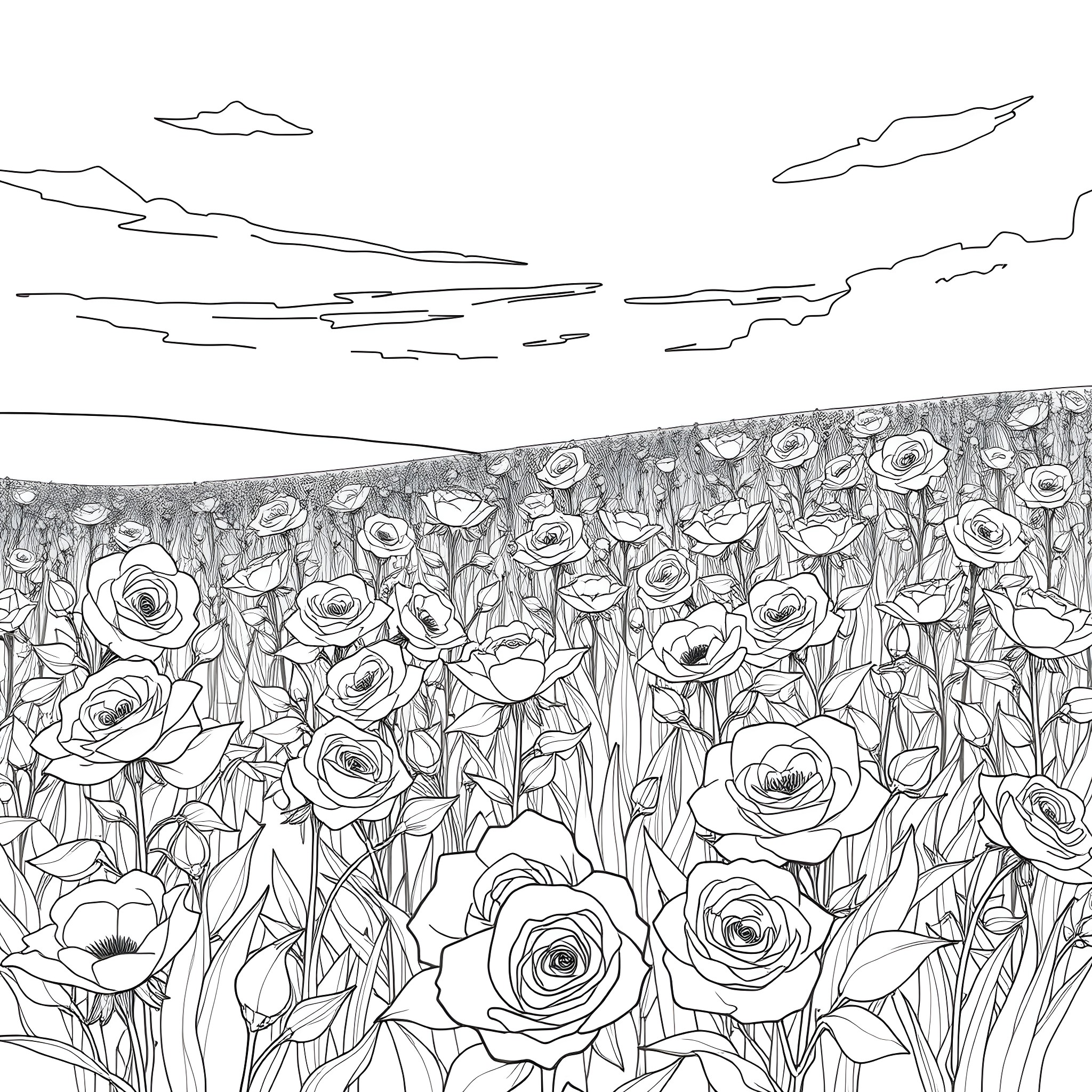 Rose Garden in a Serene Landscape Coloring Page (free black-and-white line drawing printable PDF for all, from beginners to advanced learners, including children, teens, adults, and seniors)