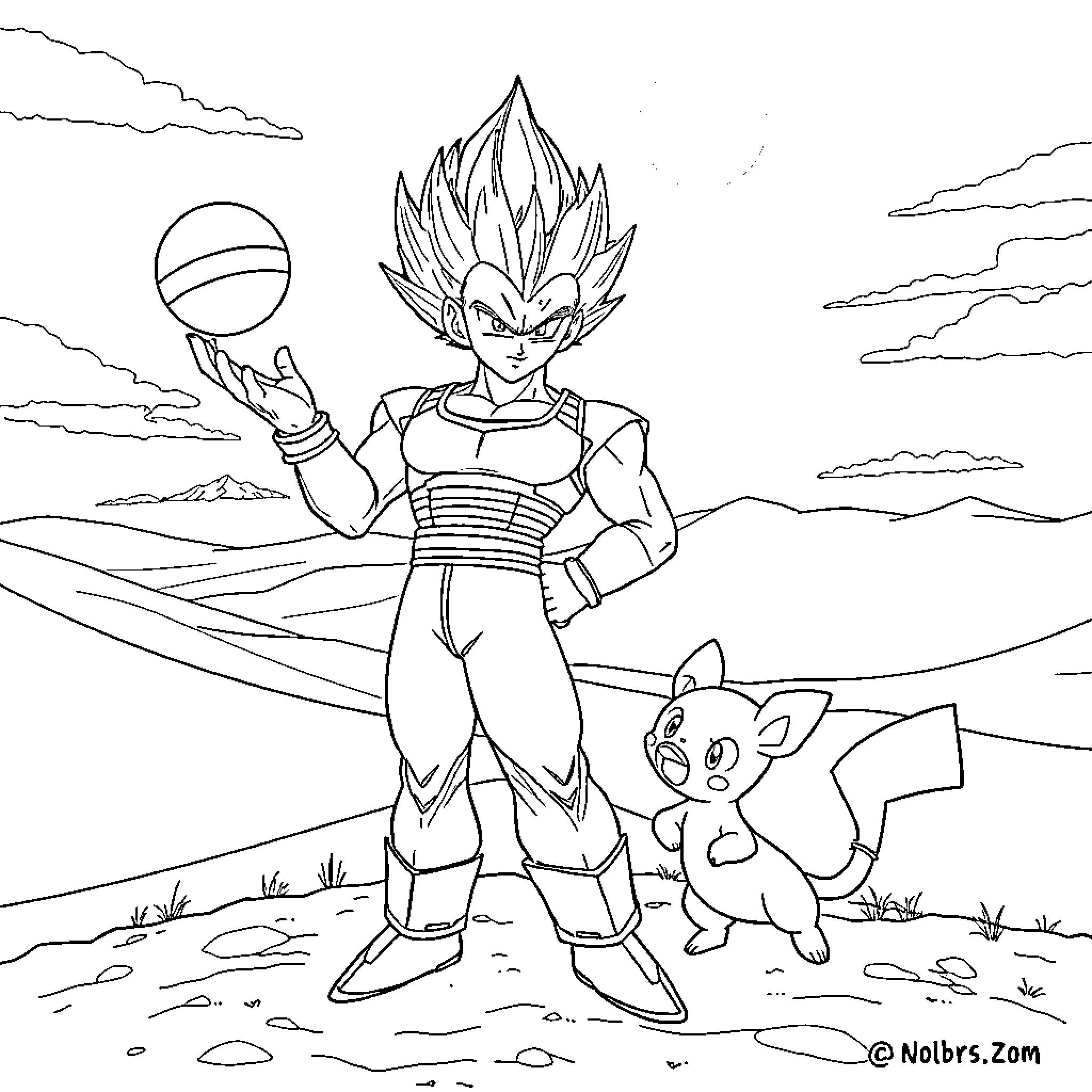 Vegeta in battle stance with Pikachu companion Coloring Page (free black-and-white line drawing printable PDF for all, from beginners to advanced learners, including children, teens, adults, and seniors)