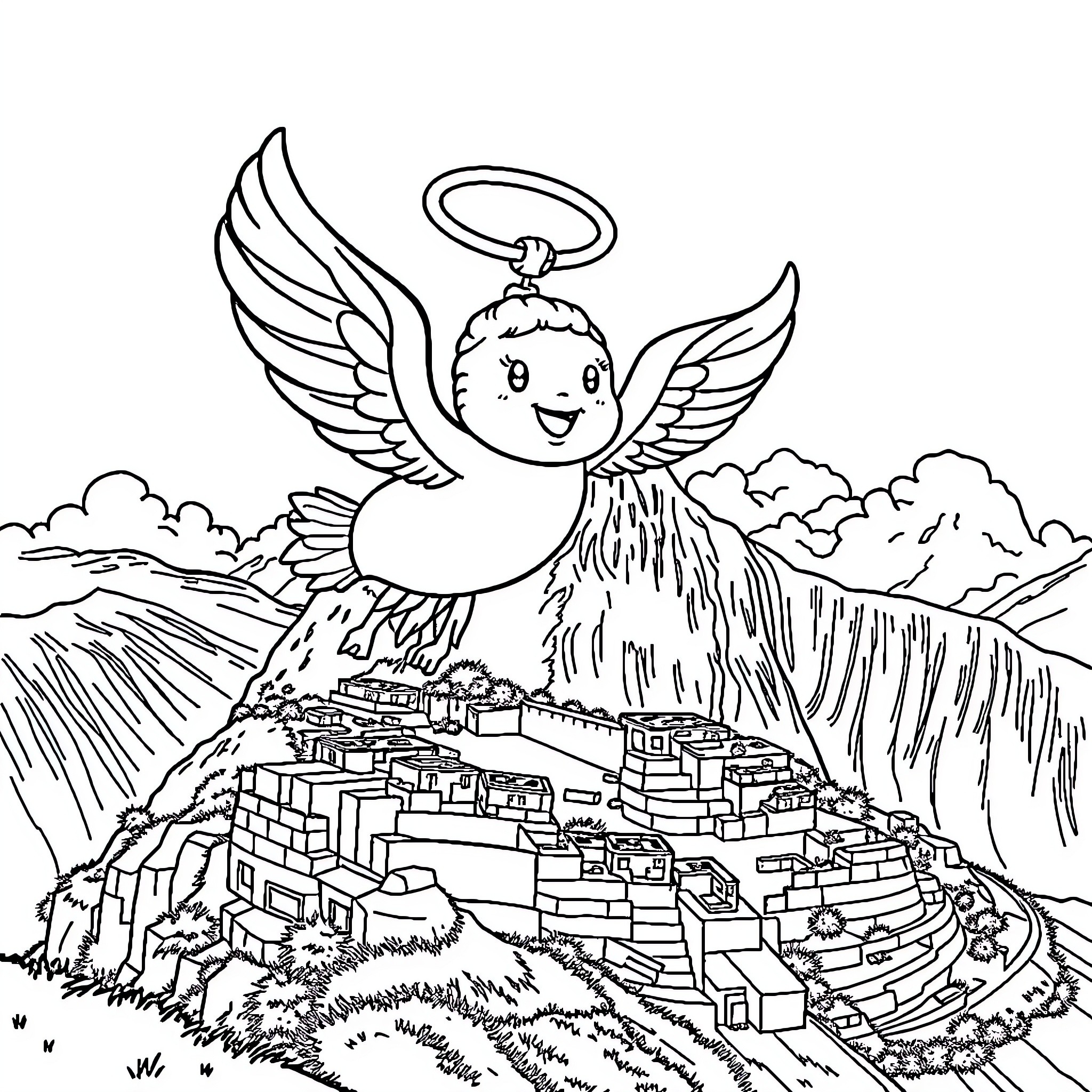 Labubu, the Angelic Guardian over a Scenic Town Coloring Page (free black-and-white line drawing printable PDF for all, from beginners to advanced learners, including children, teens, adults, and seniors)
