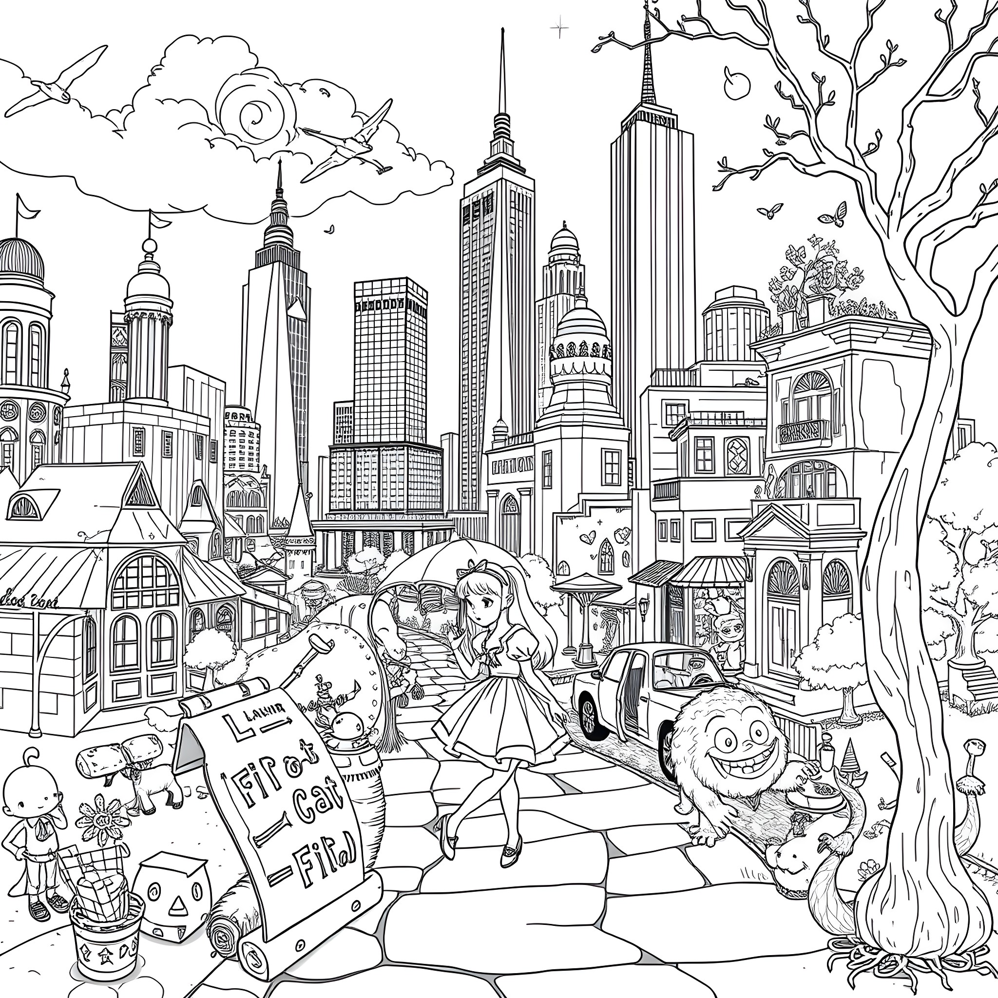 Alice in the whimsical city Coloring Page (free black-and-white line drawing printable PDF for all, from beginners to advanced learners, including children, teens, adults, and seniors)